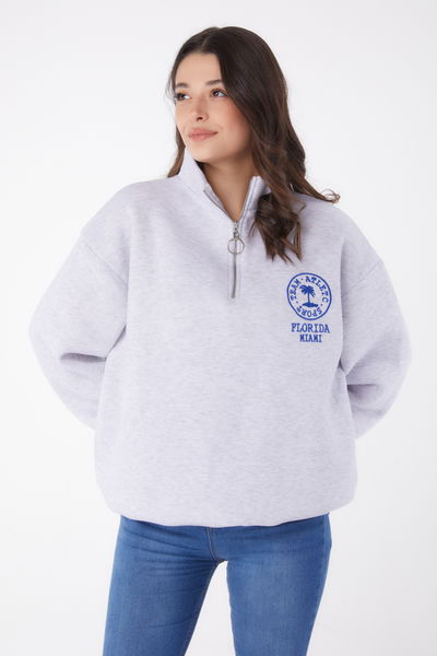 Düz Yarım Balıkçı Yaka Kadın Gri Nakışlı Sweatshirt - 26050 