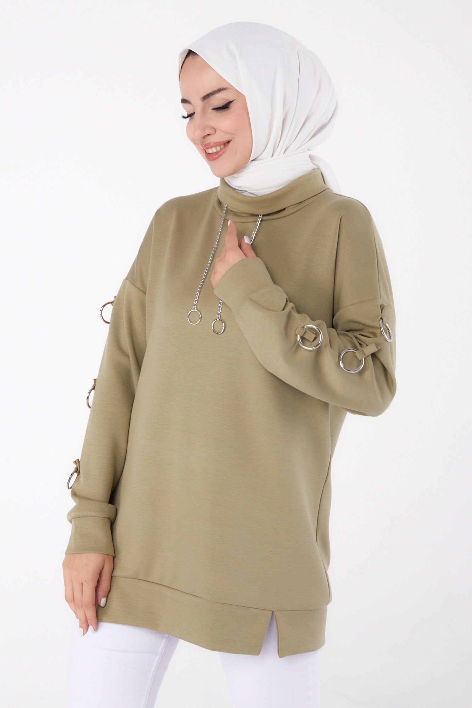 Düz Yarım Balıkçı Yaka Kadın Haki Halka Detaylı Tunik - 26477 - 1