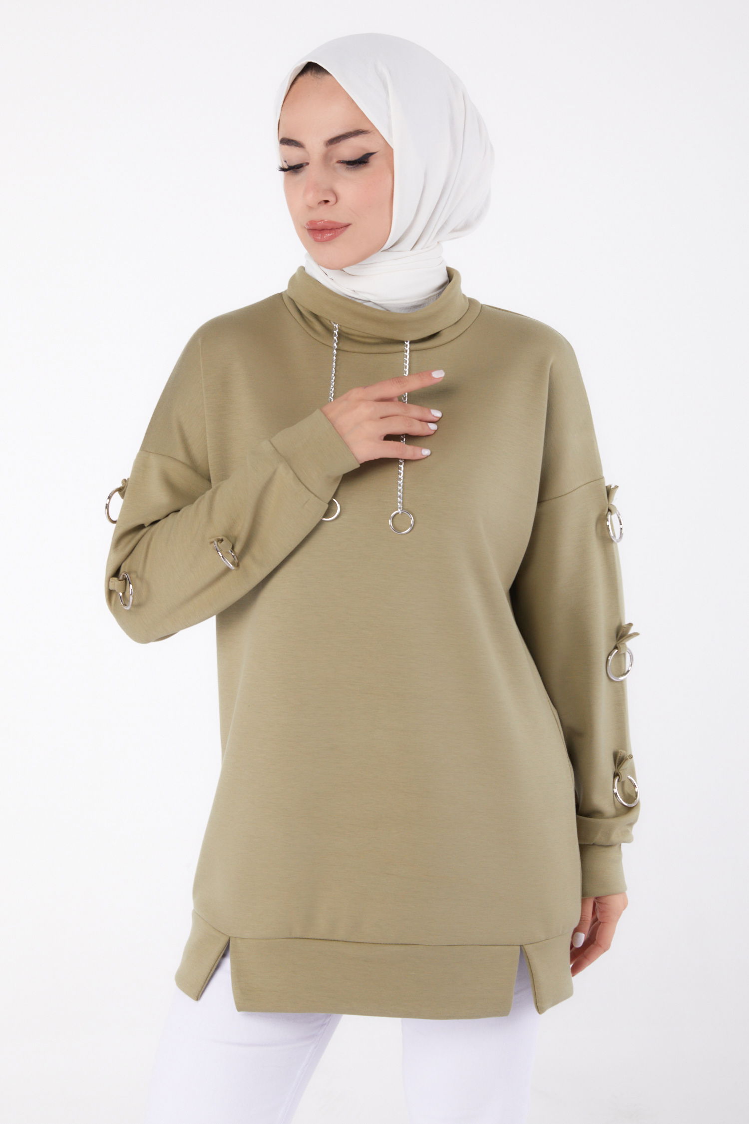 Düz Yarım Balıkçı Yaka Kadın Haki Halka Detaylı Tunik - 26477 - 3