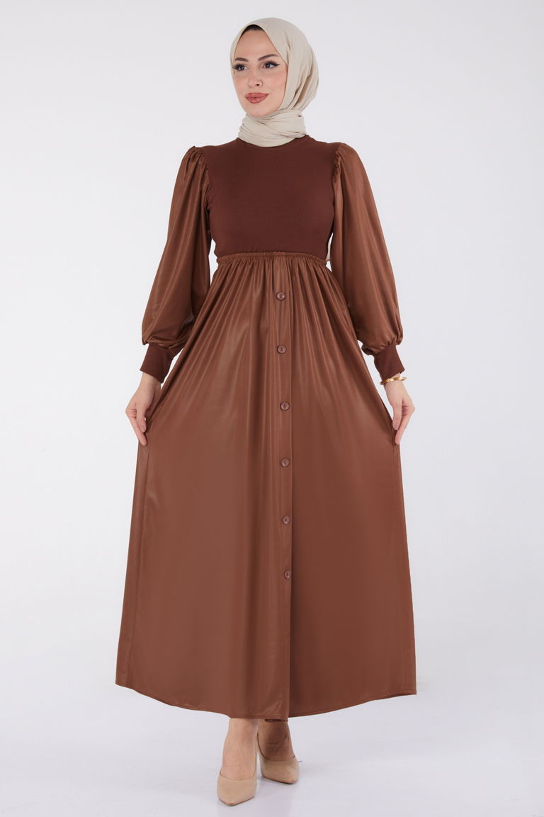 Düz Yarım Balıkçı Yaka Kadın Kahve Elbise - 13336 - TOFİSA