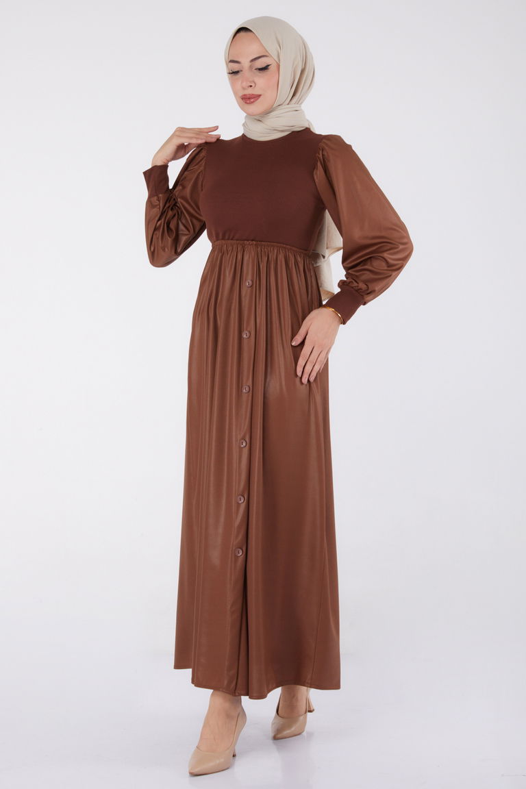 Düz Yarım Balıkçı Yaka Kadın Kahve Elbise - 13336 - TOFİSA