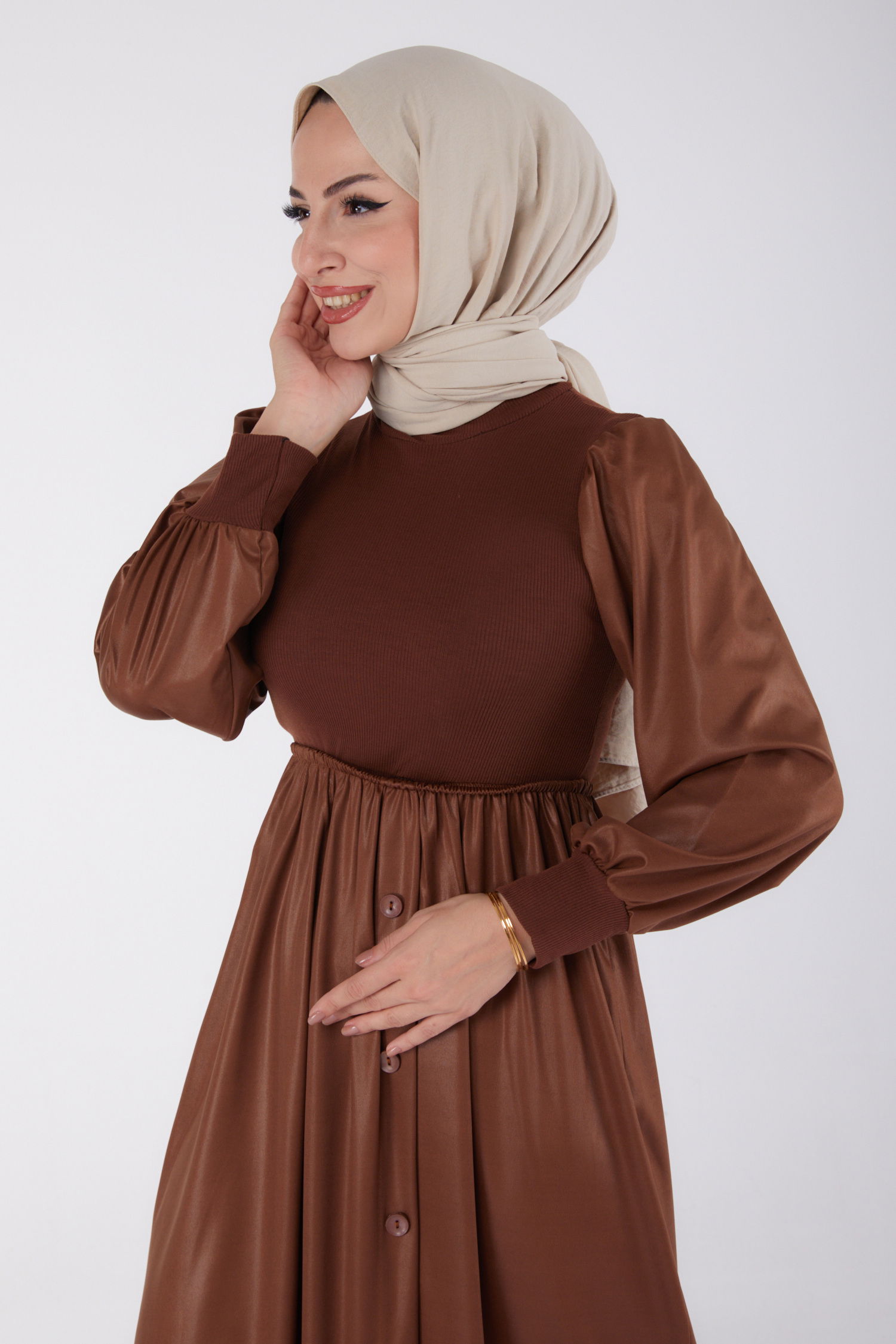 Düz Yarım Balıkçı Yaka Kadın Kahve Elbise - 13336 - 3