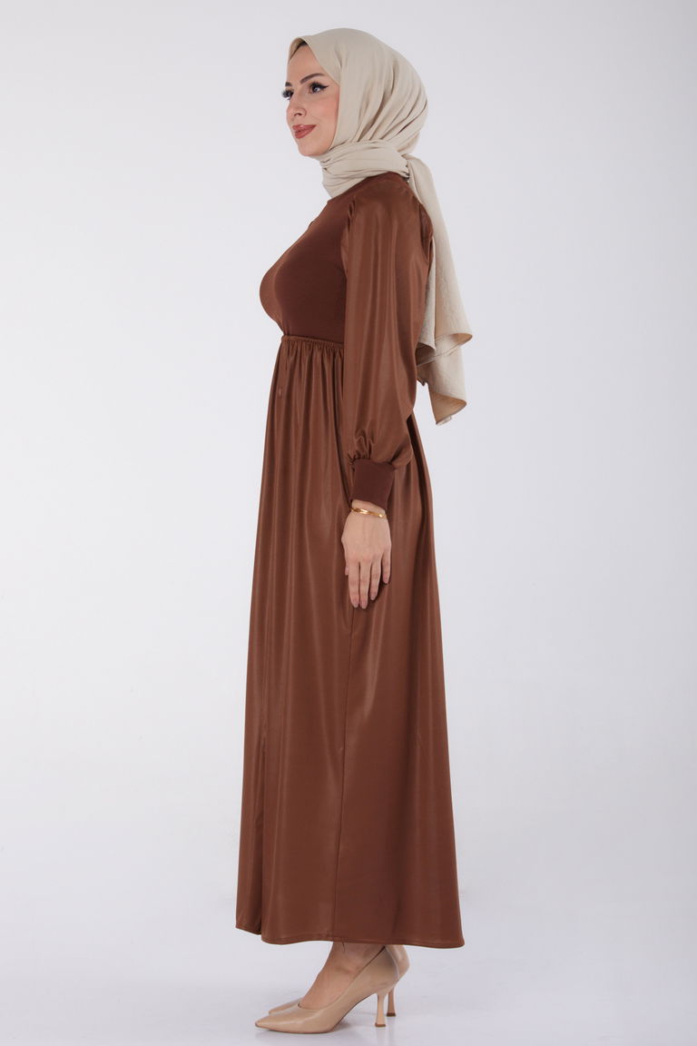 Düz Yarım Balıkçı Yaka Kadın Kahve Elbise - 13336 - TOFİSA