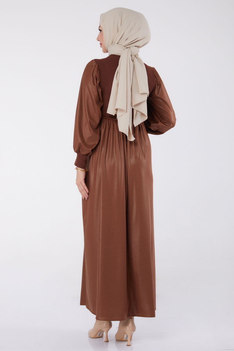 Düz Yarım Balıkçı Yaka Kadın Kahve Elbise - 13336 - TOFİSA