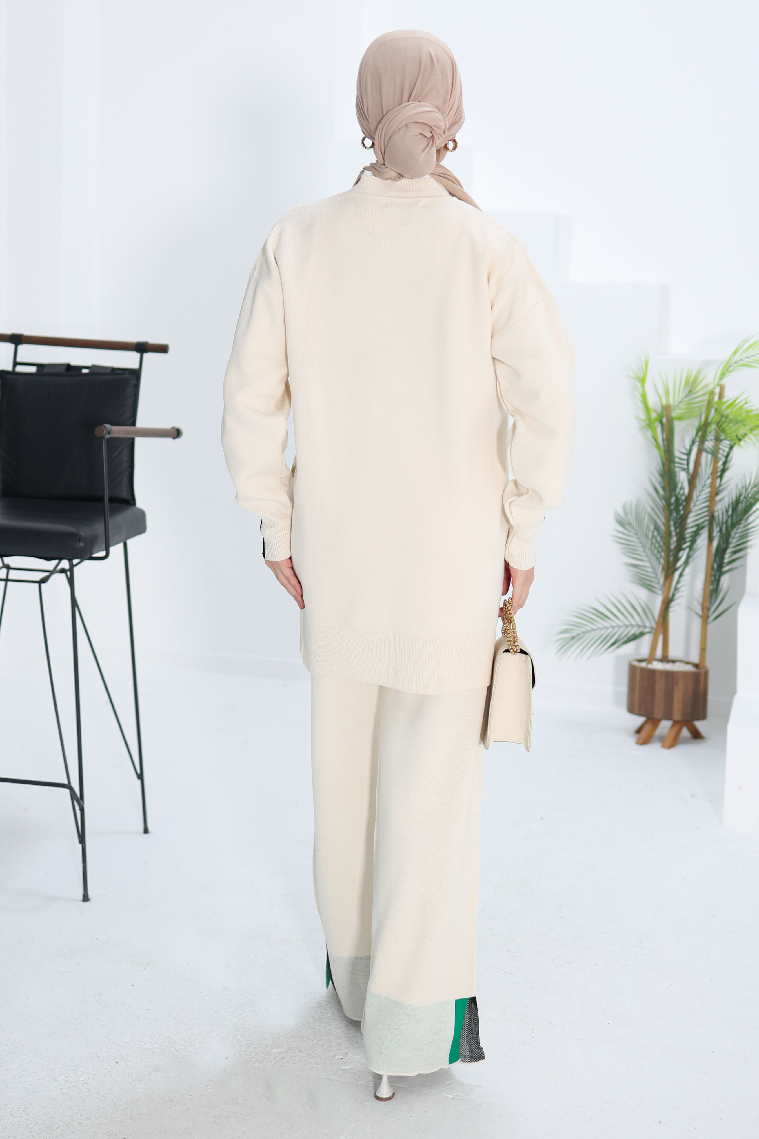 Düğme Detaylı Triko Takım Krem - 26563 - 6