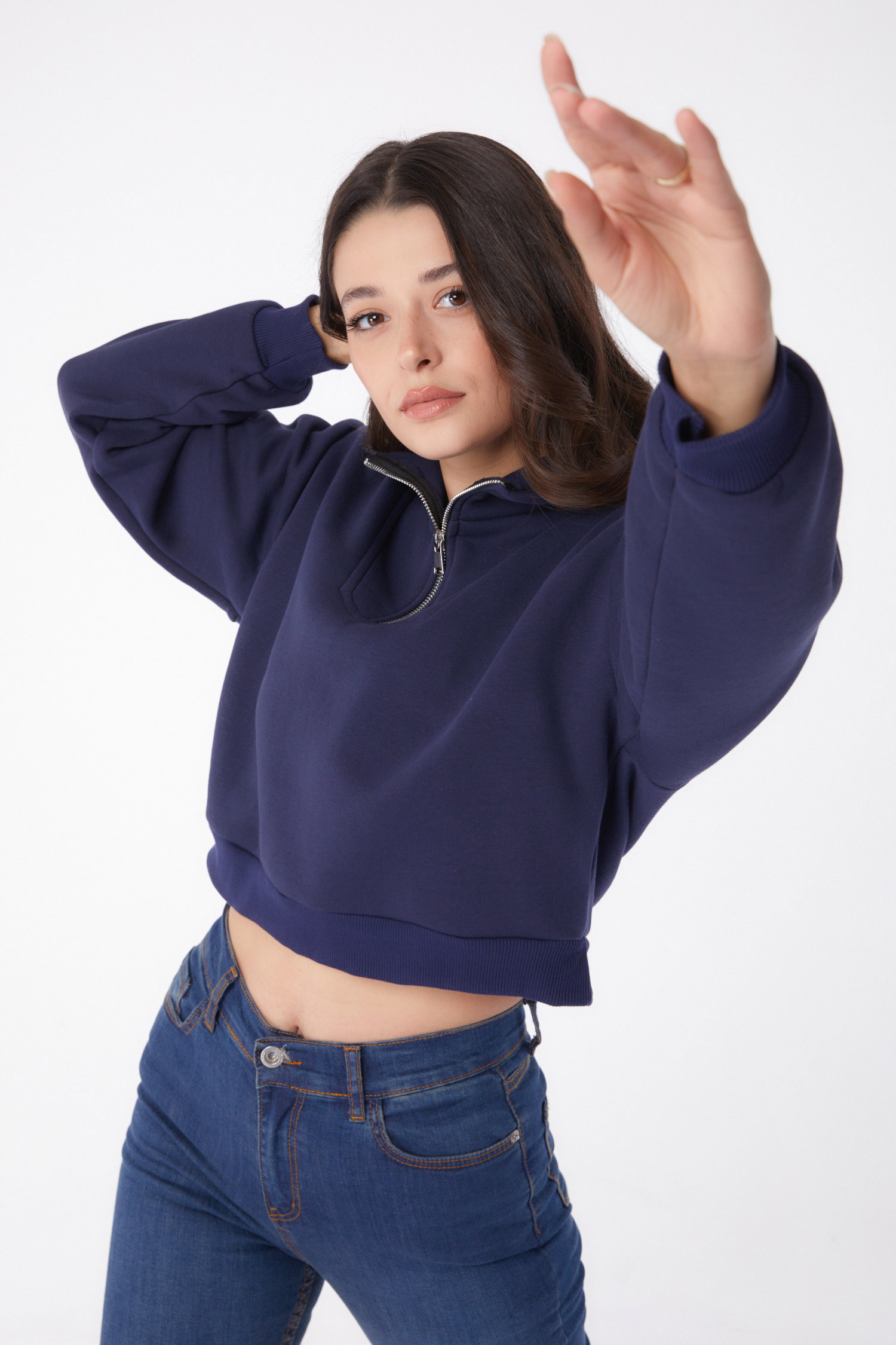 Düz Yarım Balıkçı Yaka Kadın Lacivert Fermuarlı Mini Sweatshirt - 26051 - 1