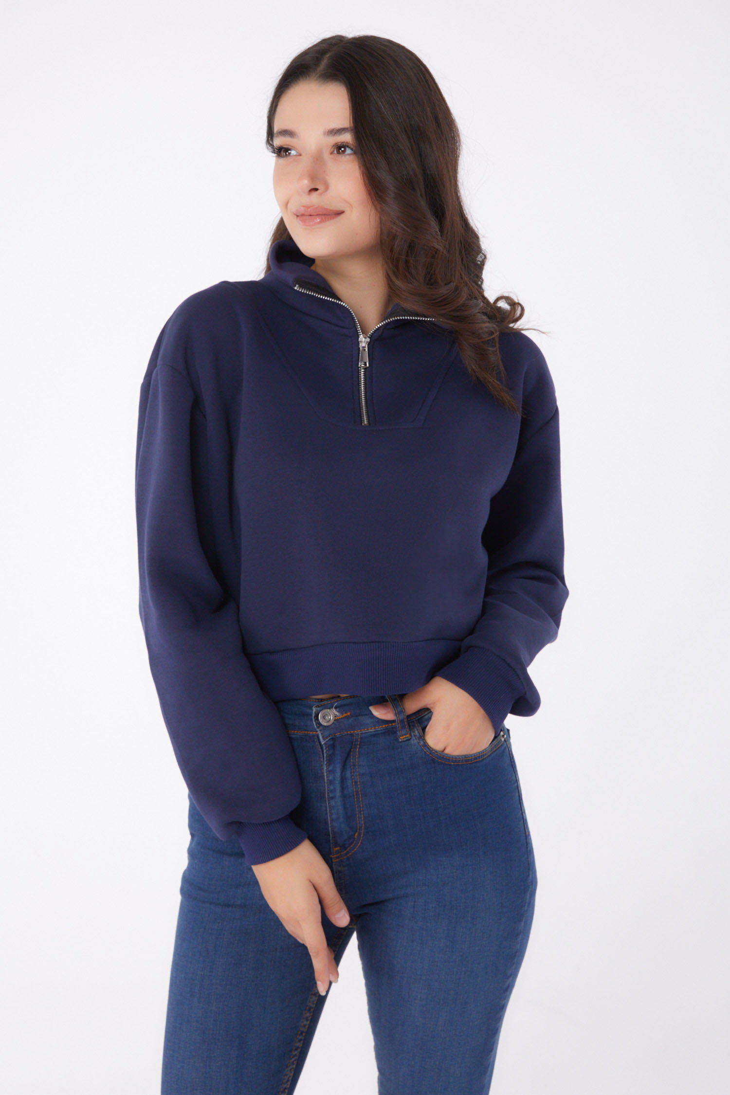 Düz Yarım Balıkçı Yaka Kadın Lacivert Fermuarlı Mini Sweatshirt - 26051 - 2