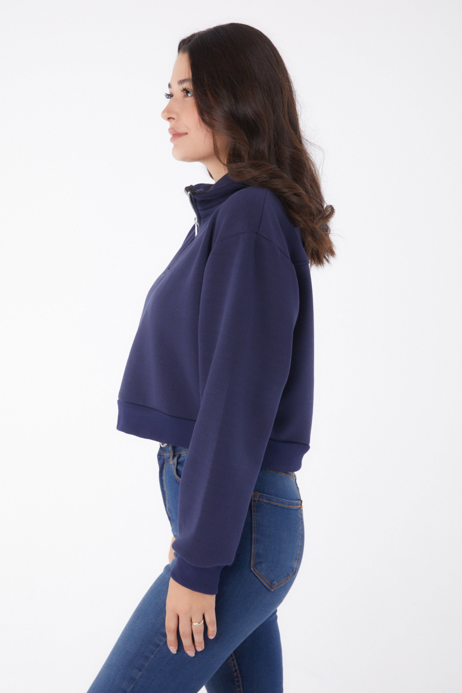 Düz Yarım Balıkçı Yaka Kadın Lacivert Fermuarlı Mini Sweatshirt - 26051 - 3