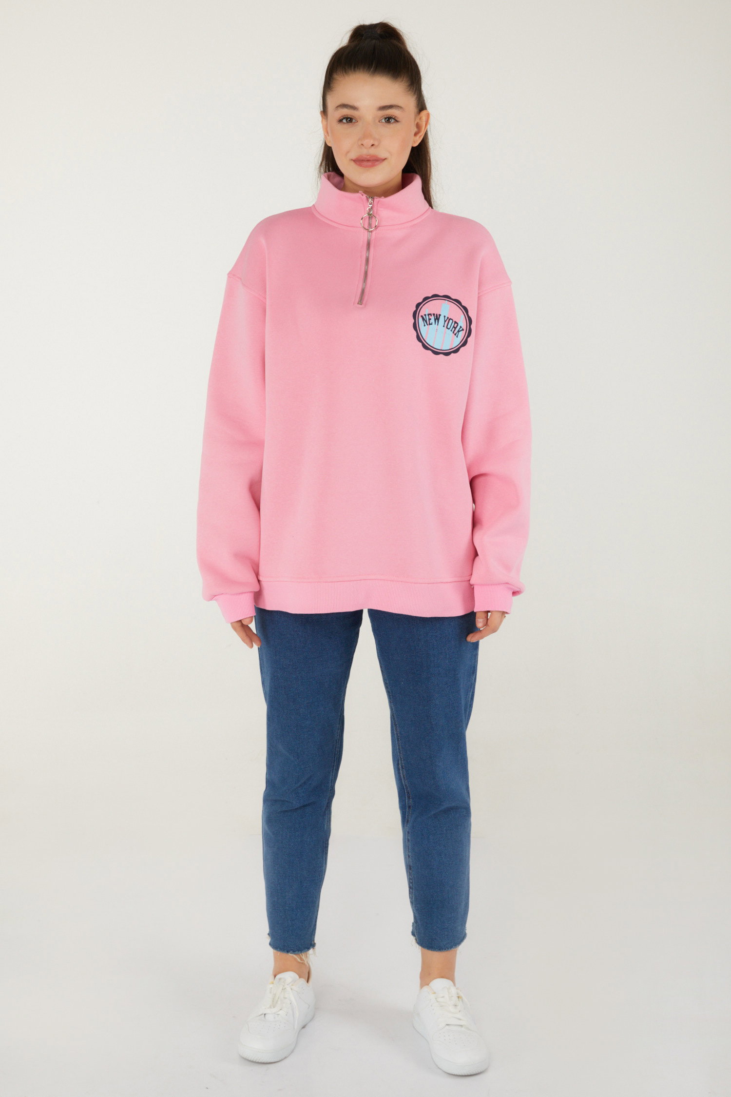 Düz Yarım Balıkçı Yaka Kadın Pembe Baskılı Sweatshirt - 26518 - 2