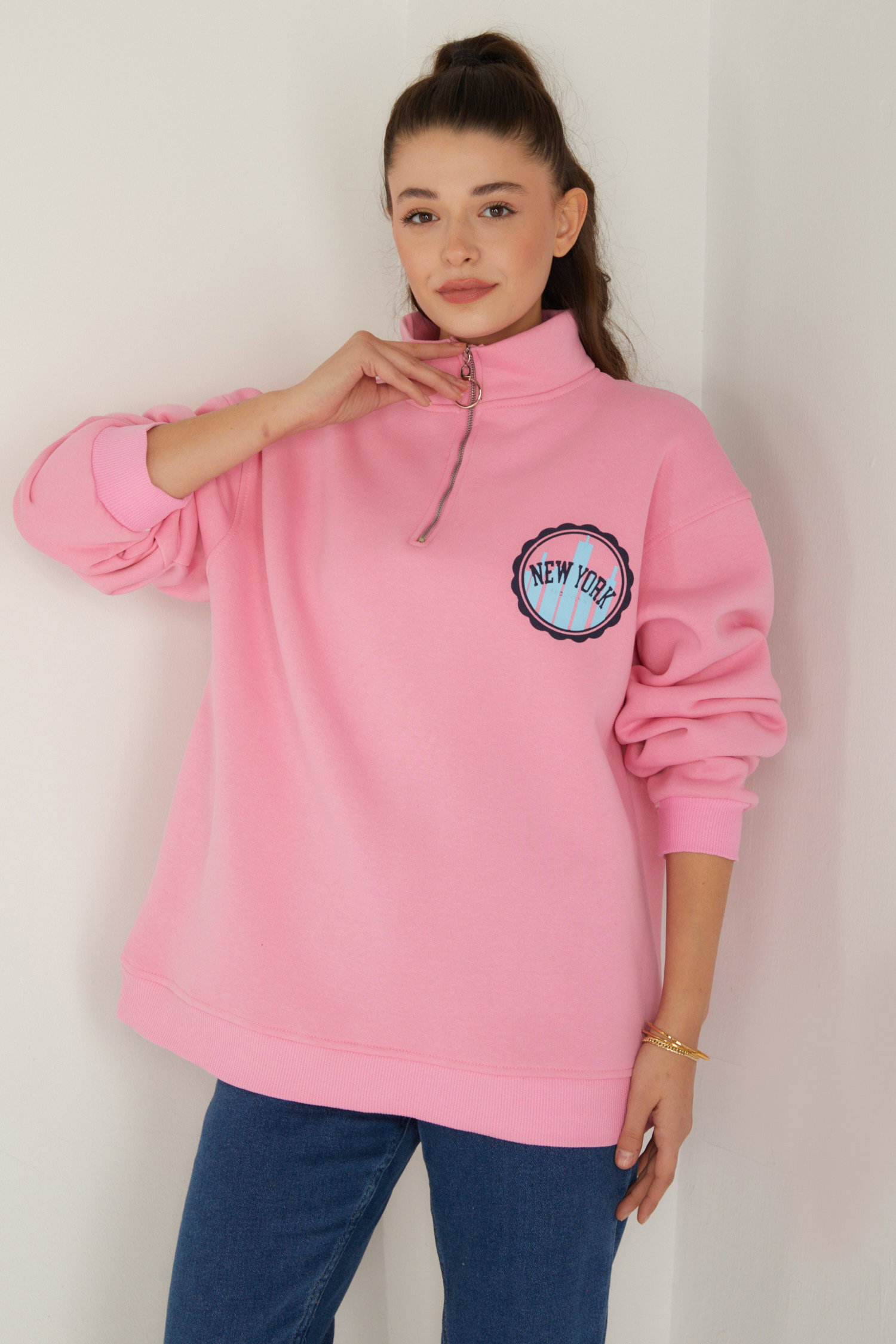 Düz Yarım Balıkçı Yaka Kadın Pembe Baskılı Sweatshirt - 26518 - 3