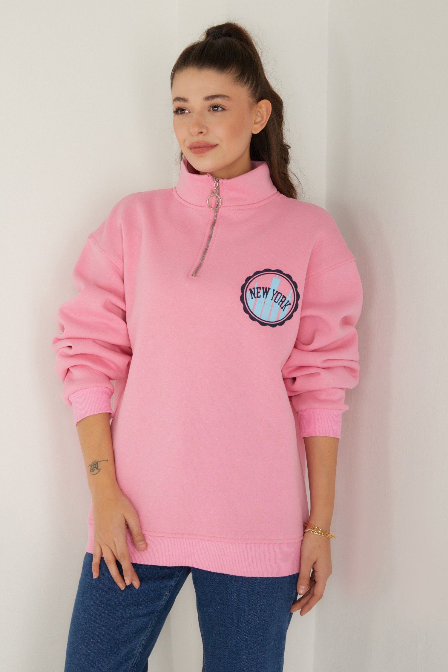 Düz Yarım Balıkçı Yaka Kadın Pembe Baskılı Sweatshirt - 26518 - 4