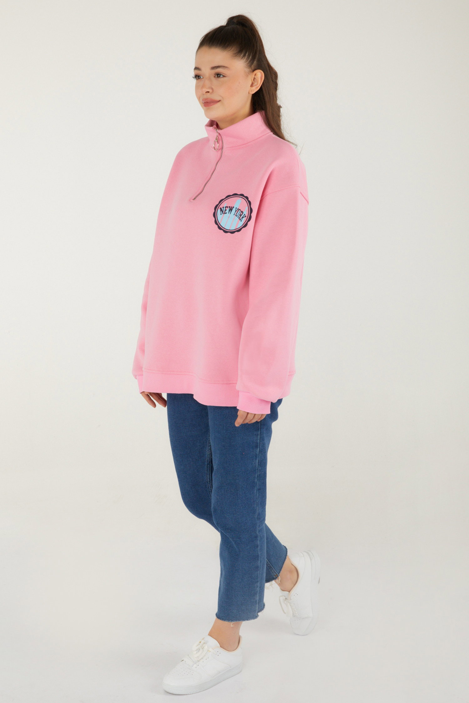 Düz Yarım Balıkçı Yaka Kadın Pembe Baskılı Sweatshirt - 26518 - 5