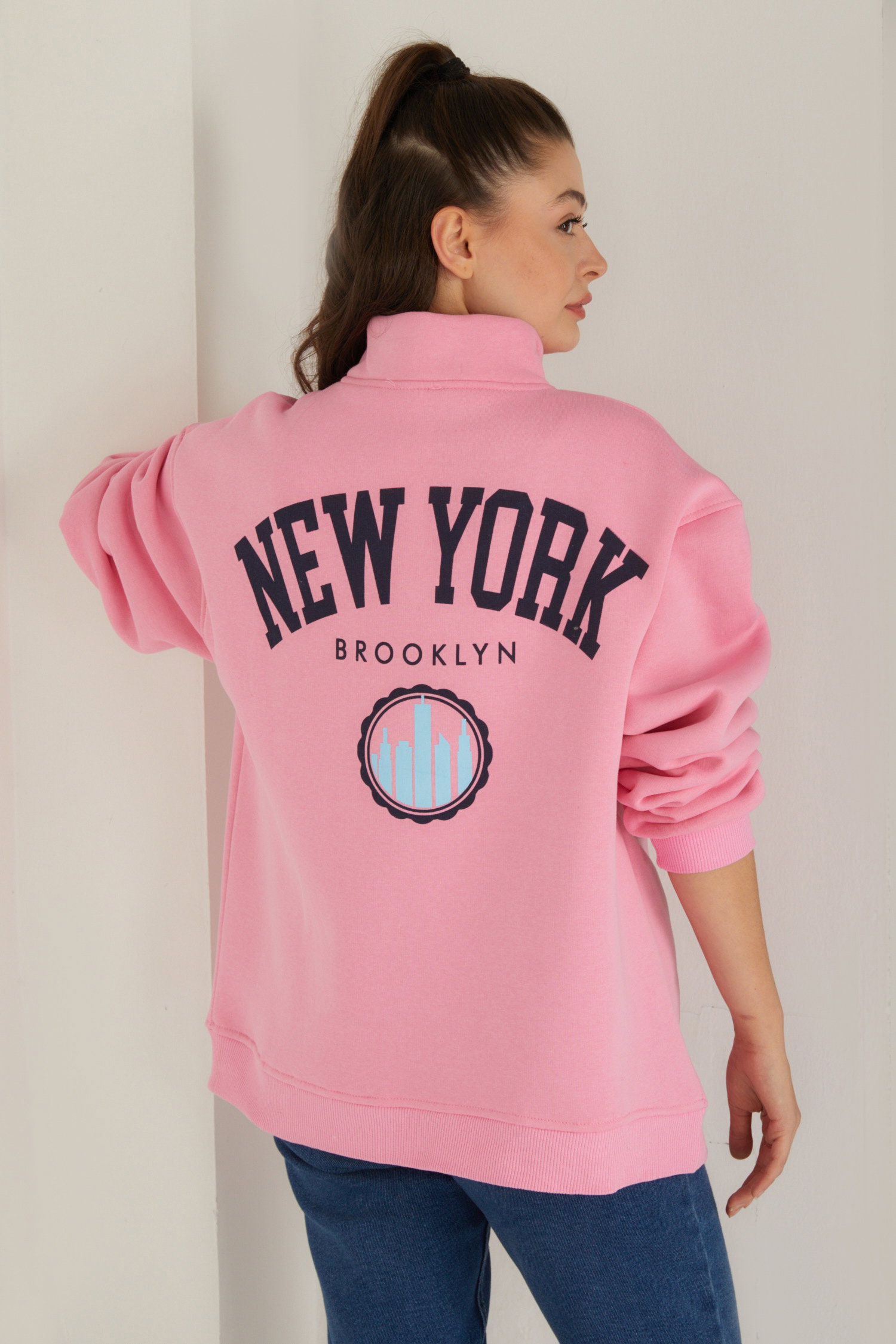 Düz Yarım Balıkçı Yaka Kadın Pembe Baskılı Sweatshirt - 26518 - 1