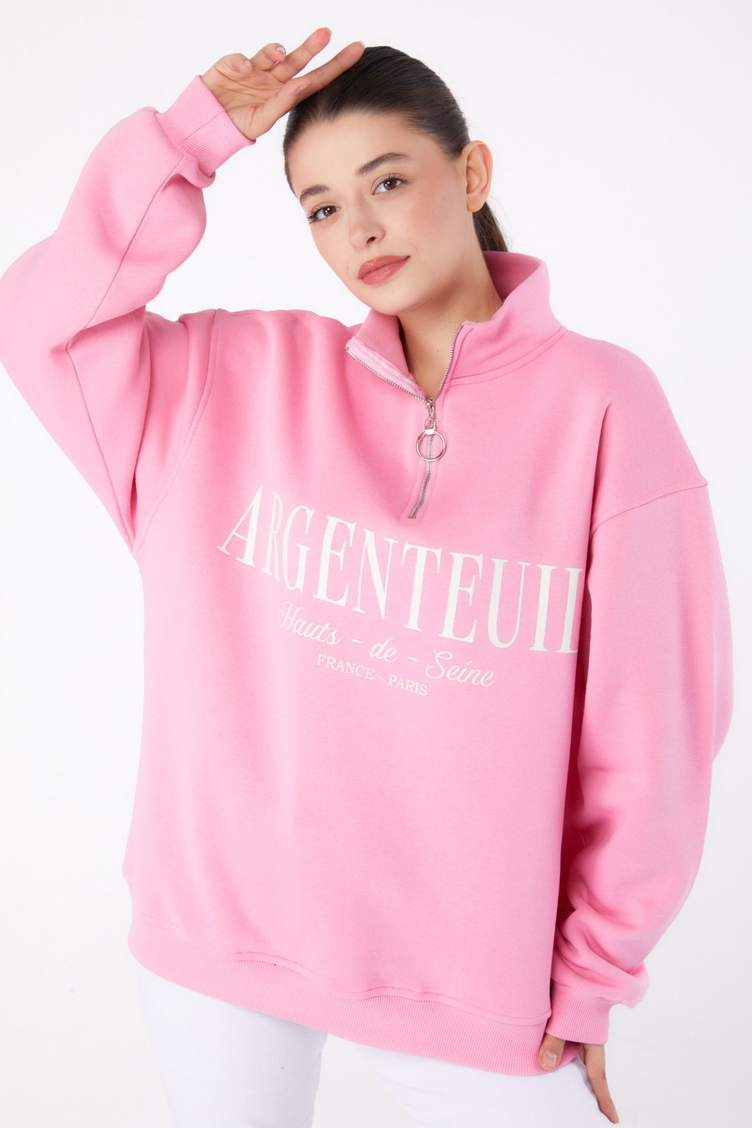 Düz Yarım Balıkçı Yaka Kadın Pembe Fermuarlı Baskılı Sweatshirt - 26384 - 2