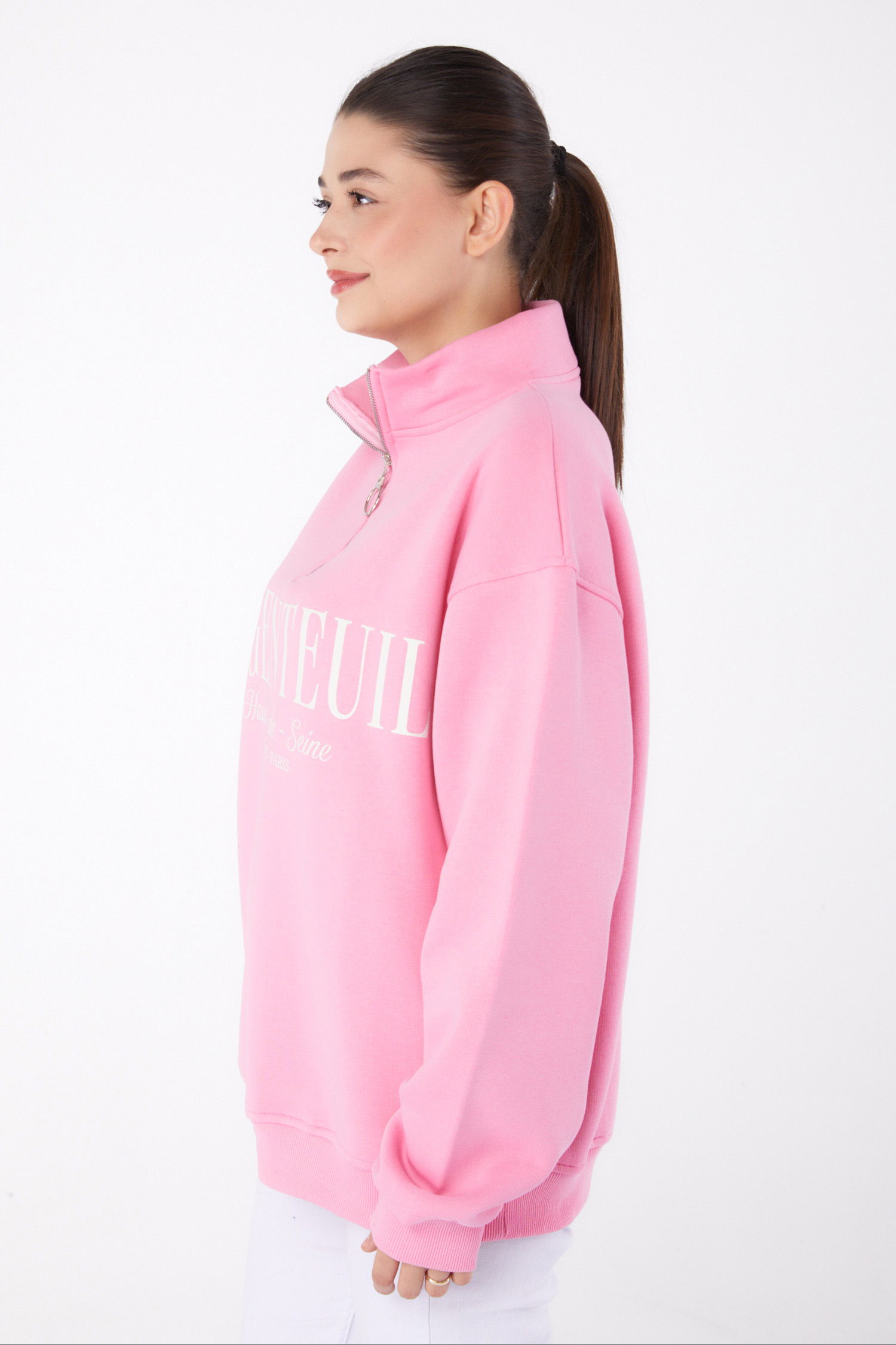 Düz Yarım Balıkçı Yaka Kadın Pembe Fermuarlı Baskılı Sweatshirt - 26384 - 3