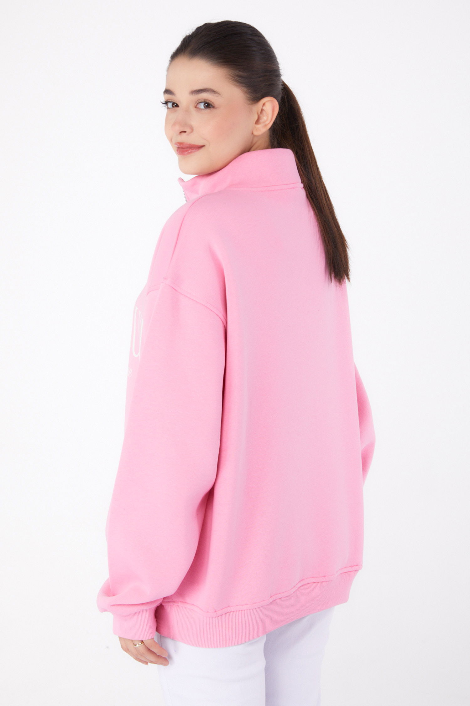 Düz Yarım Balıkçı Yaka Kadın Pembe Fermuarlı Baskılı Sweatshirt - 26384 - 4