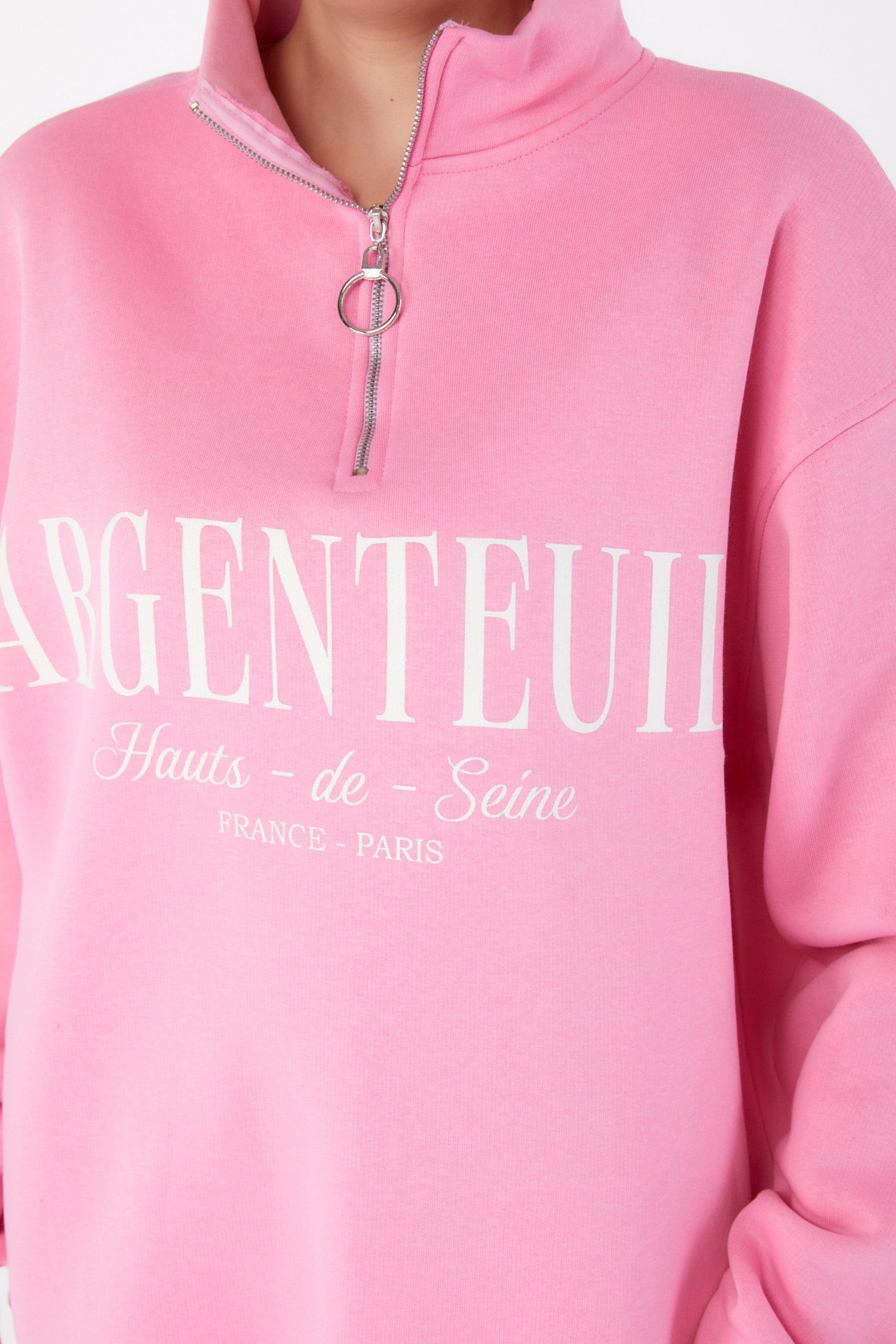 Düz Yarım Balıkçı Yaka Kadın Pembe Fermuarlı Baskılı Sweatshirt - 26384 - 5
