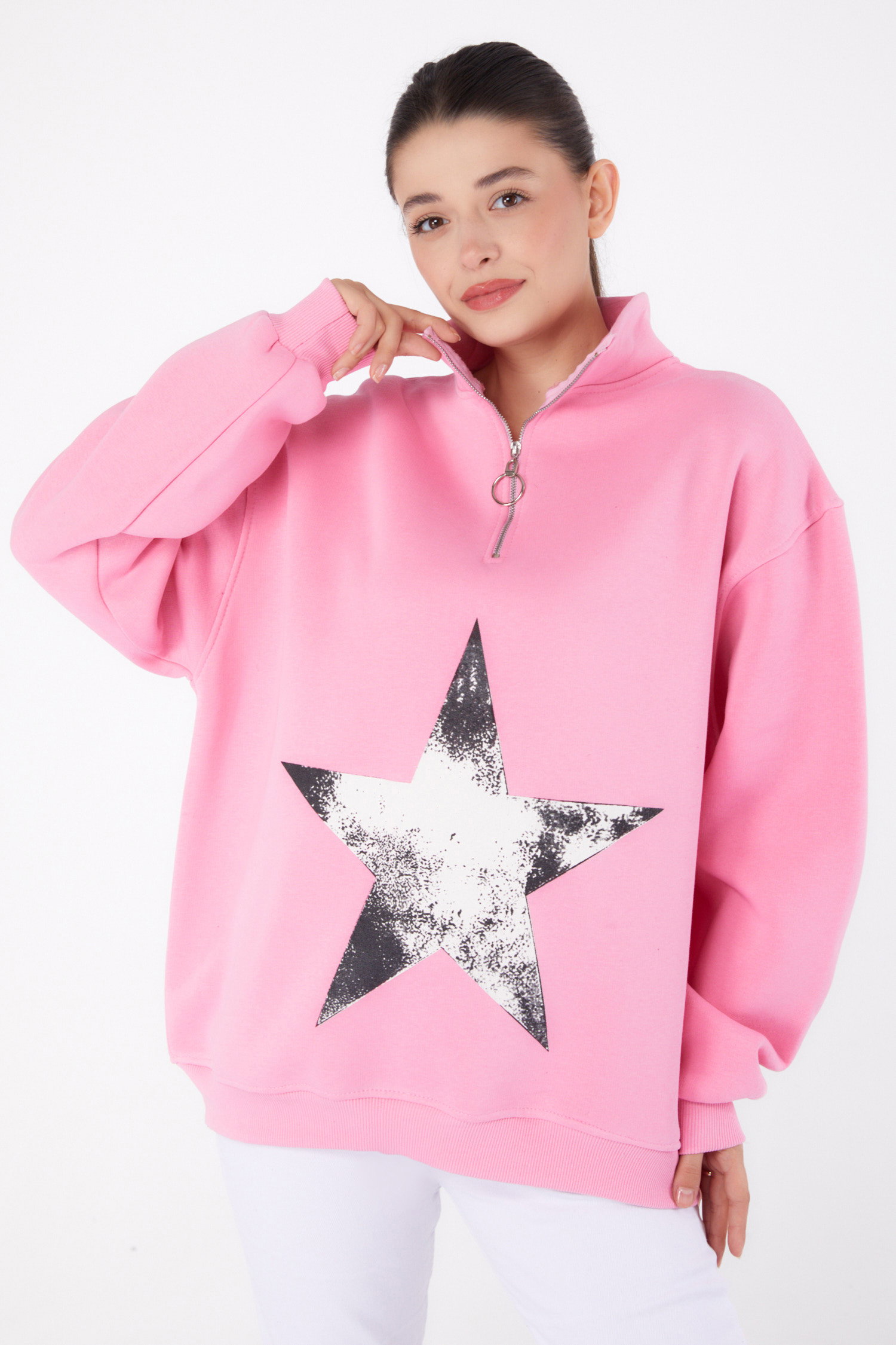 Düz Yarım Balıkçı Yaka Kadın Pembe Fermuarlı Baskılı Sweatshirt - 26385 - 1