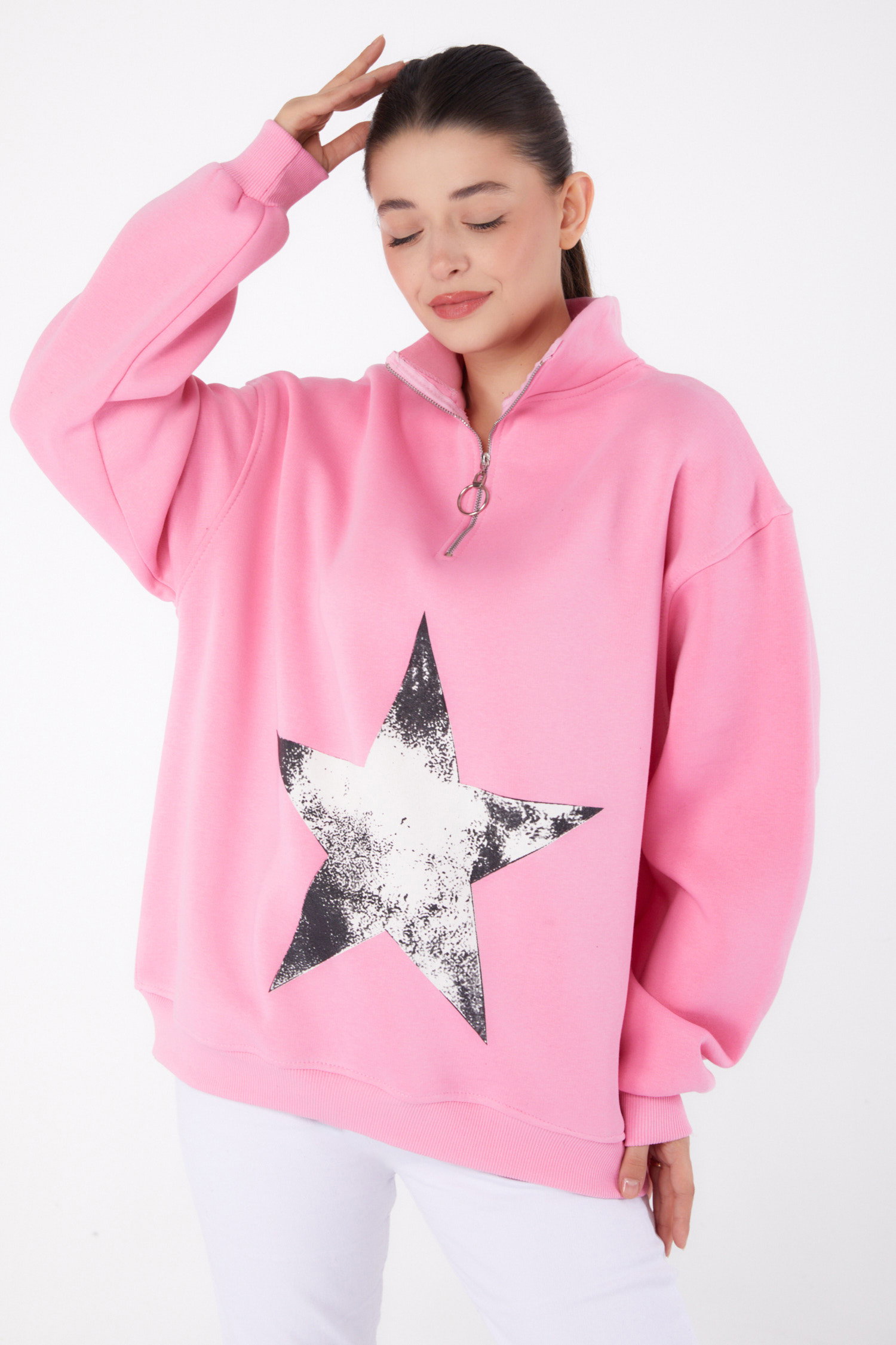 Düz Yarım Balıkçı Yaka Kadın Pembe Fermuarlı Baskılı Sweatshirt - 26385 - 2