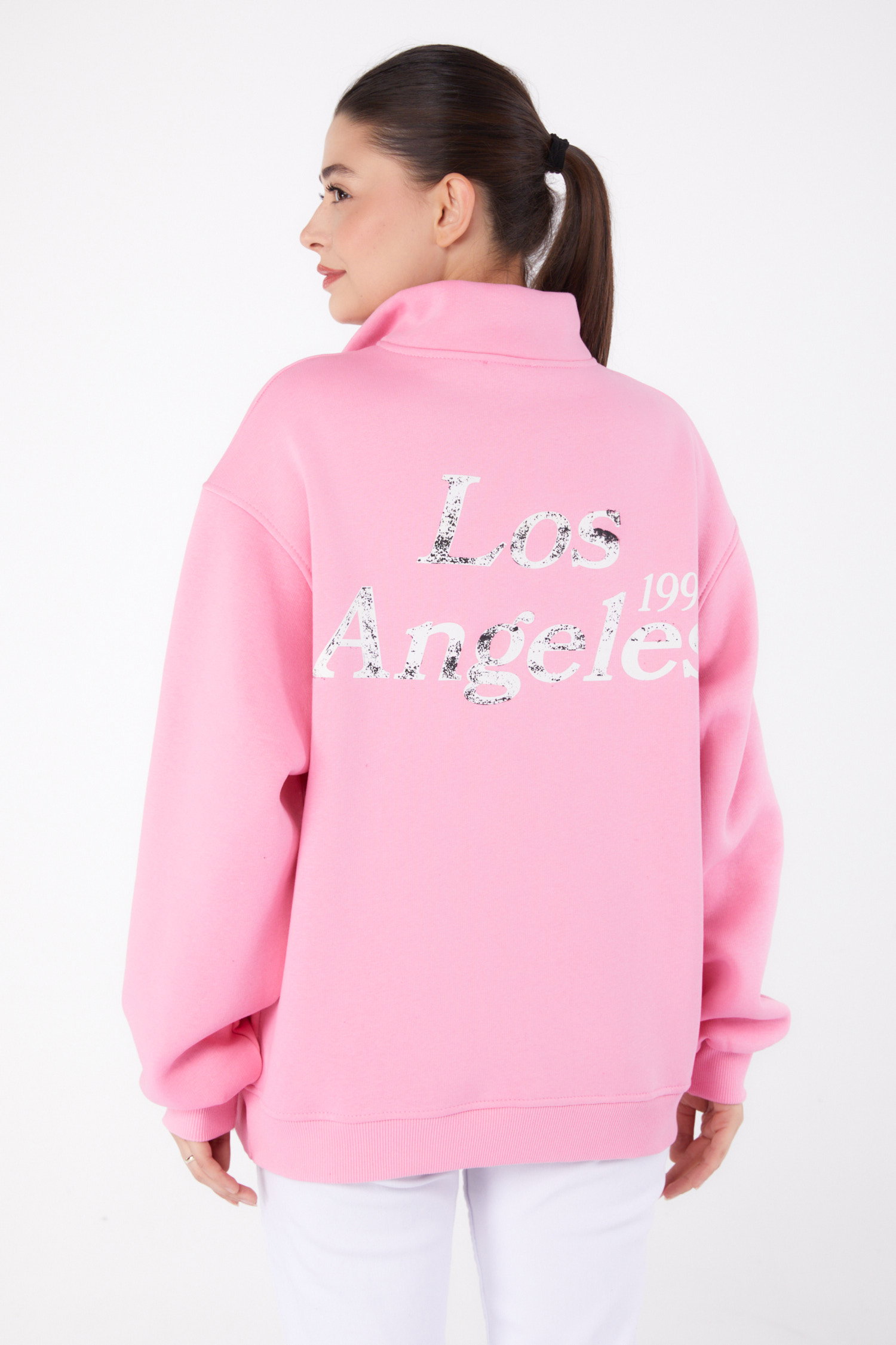 Düz Yarım Balıkçı Yaka Kadın Pembe Fermuarlı Baskılı Sweatshirt - 26385 - 4
