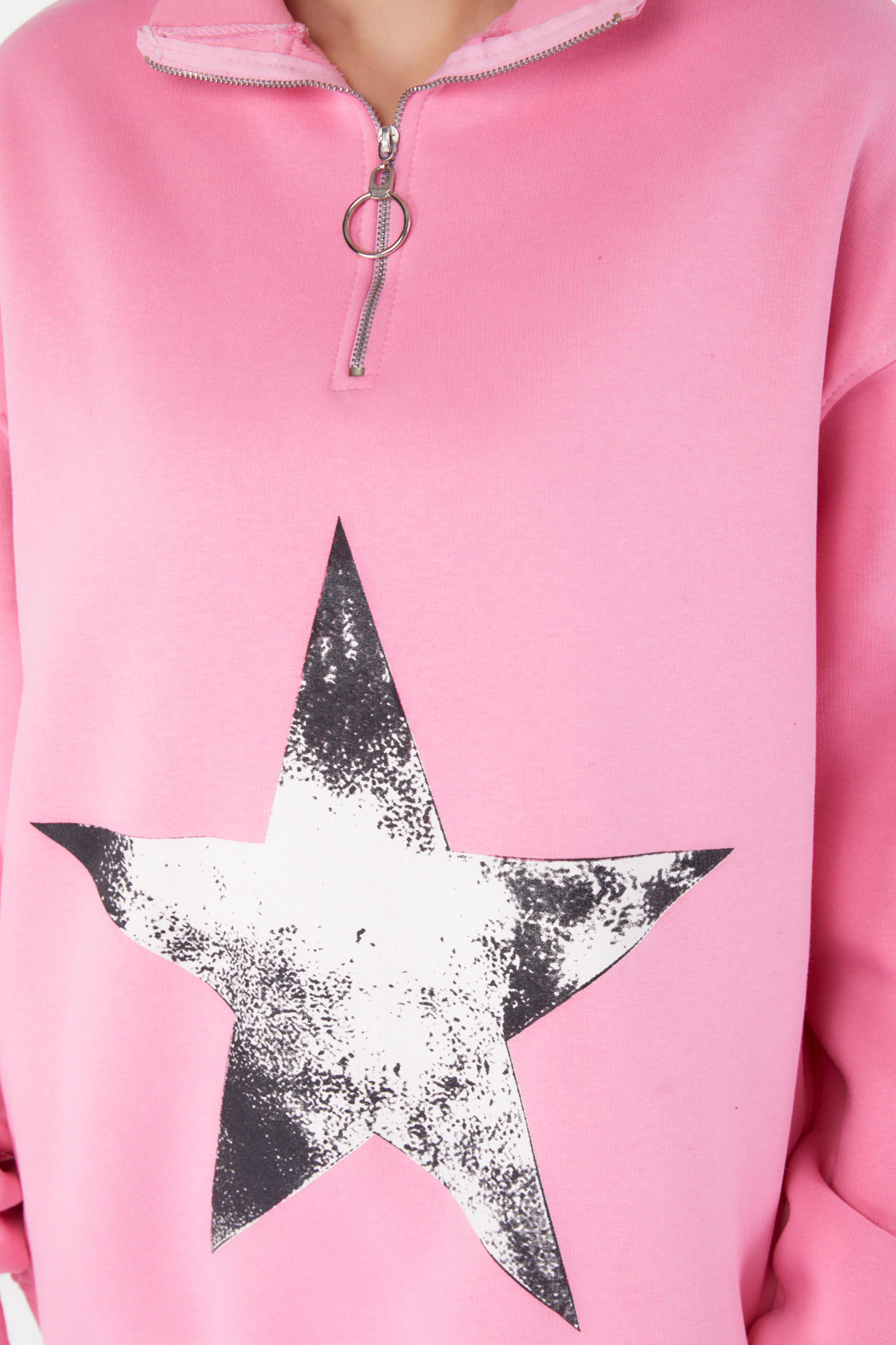 Düz Yarım Balıkçı Yaka Kadın Pembe Fermuarlı Baskılı Sweatshirt - 26385 - 5