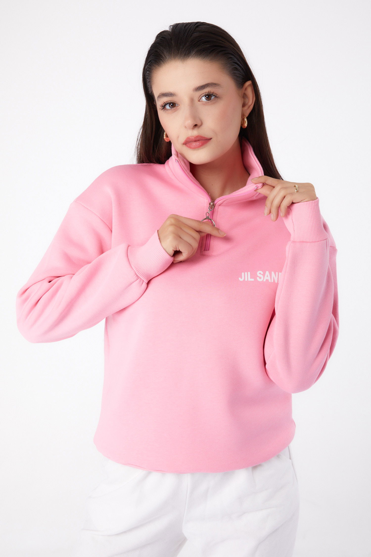 Düz Yarım Balıkçı Yaka Kadın Pembe Fermuarlı Sweatshirt - 26368 - 2