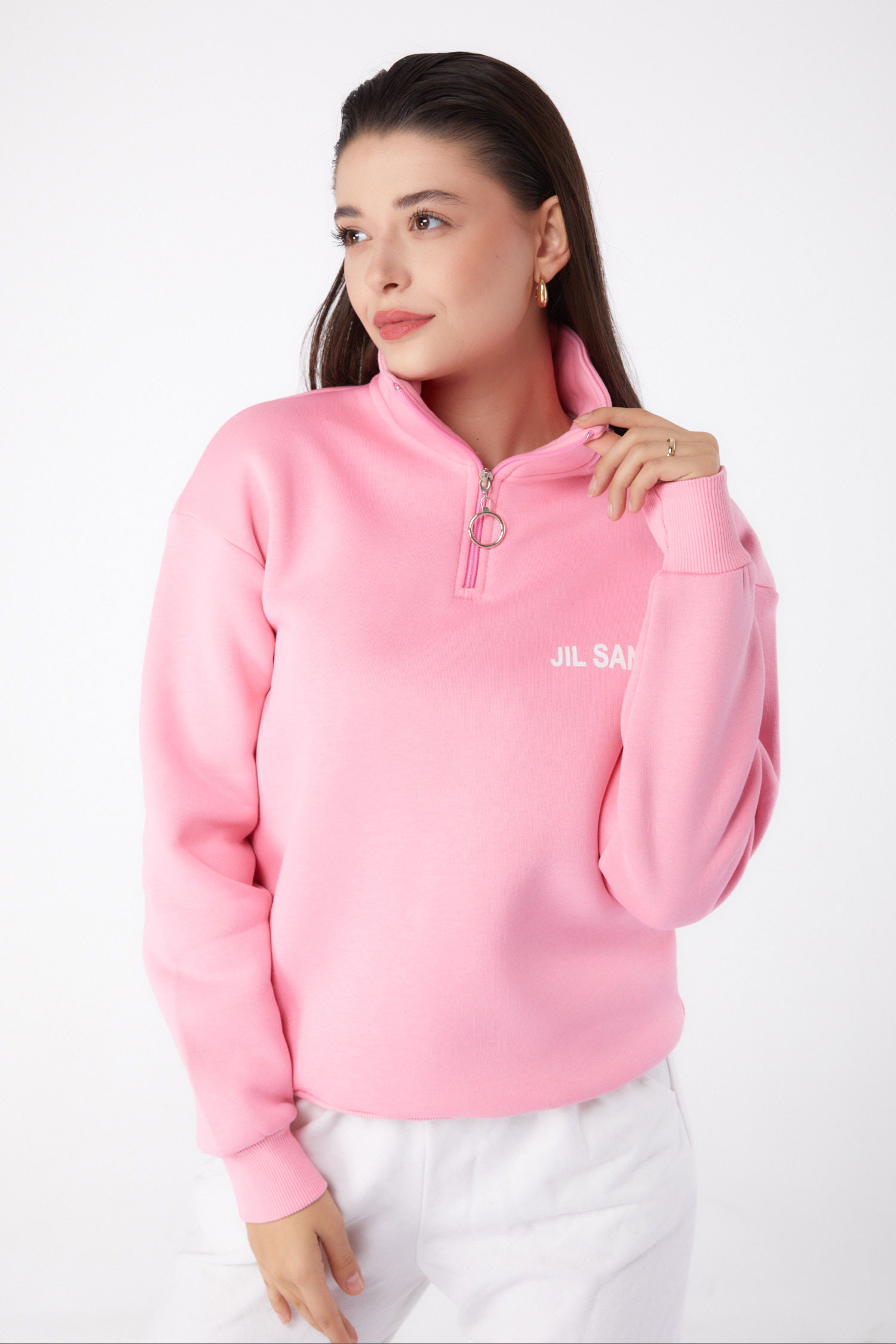 Düz Yarım Balıkçı Yaka Kadın Pembe Fermuarlı Sweatshirt - 26368 - 3