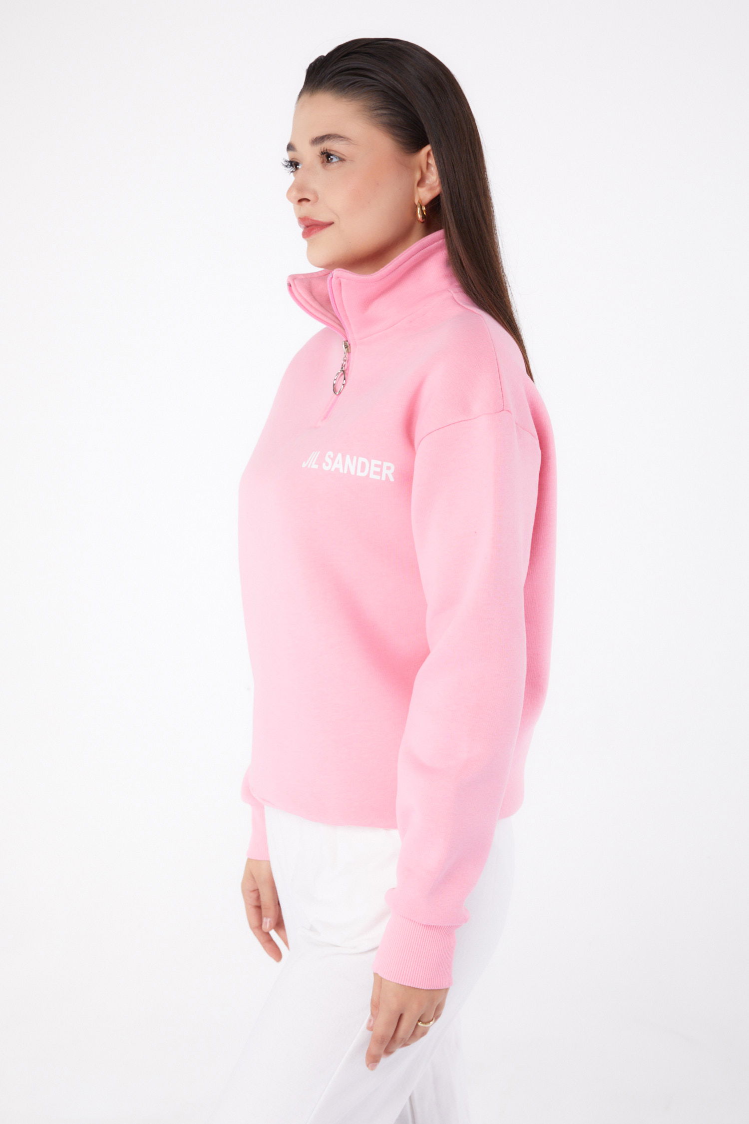Düz Yarım Balıkçı Yaka Kadın Pembe Fermuarlı Sweatshirt - 26368 - 4
