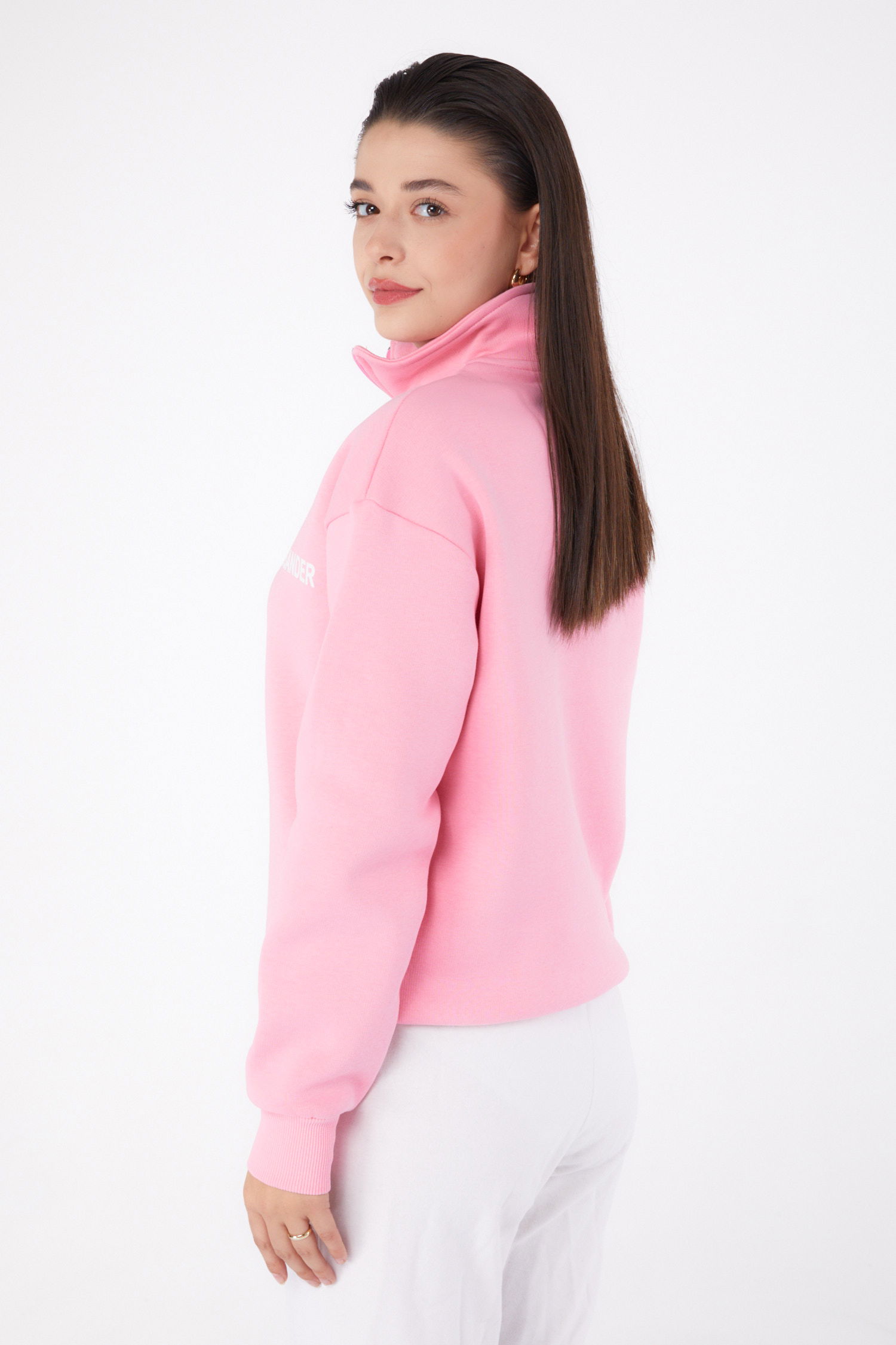 Düz Yarım Balıkçı Yaka Kadın Pembe Fermuarlı Sweatshirt - 26368 - 5