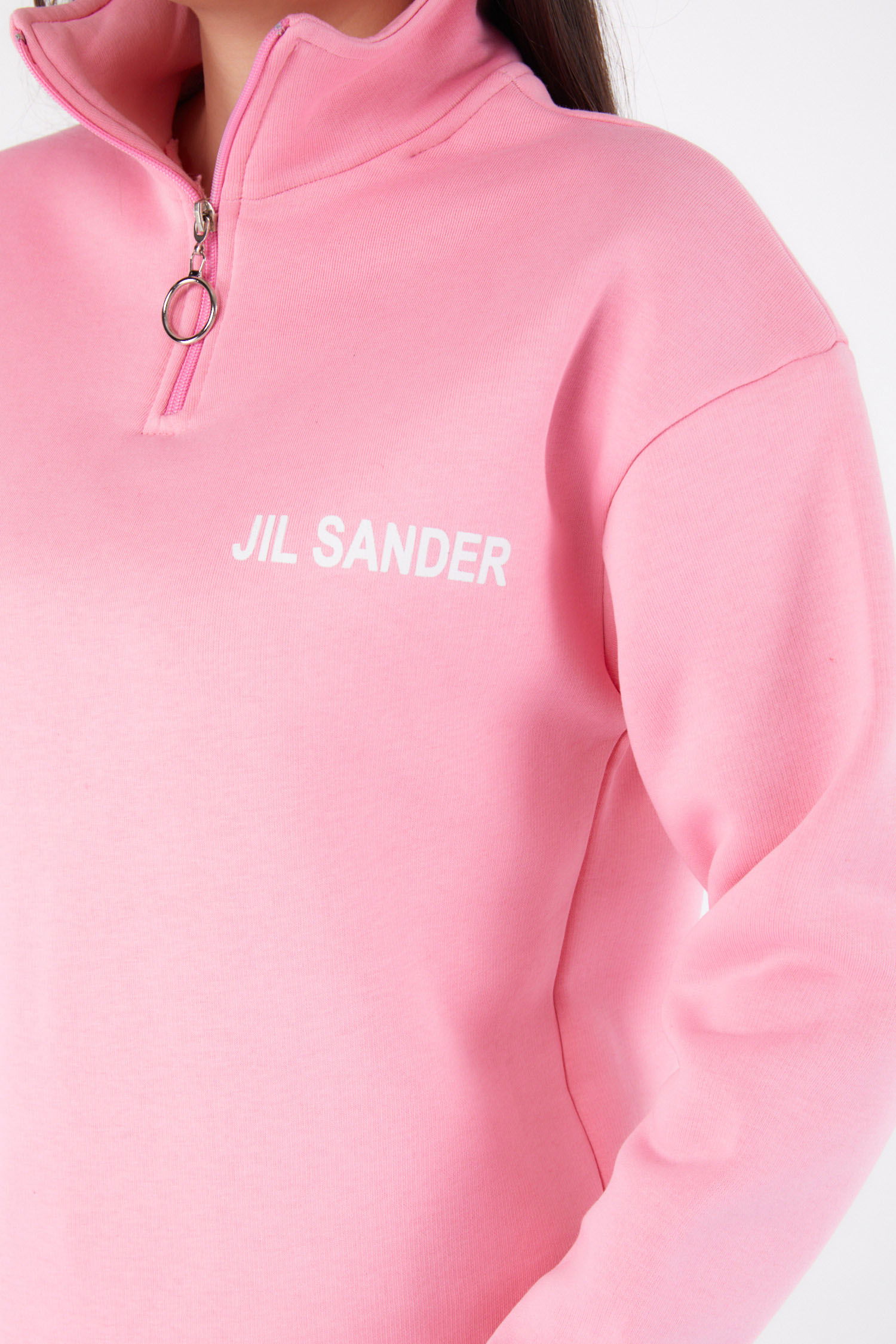 Düz Yarım Balıkçı Yaka Kadın Pembe Fermuarlı Sweatshirt - 26368 - 6