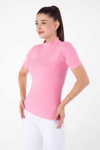 Düz Yarım Balıkçı Yaka Kadın Pembe Kısa Kollu Bluz - 26315 