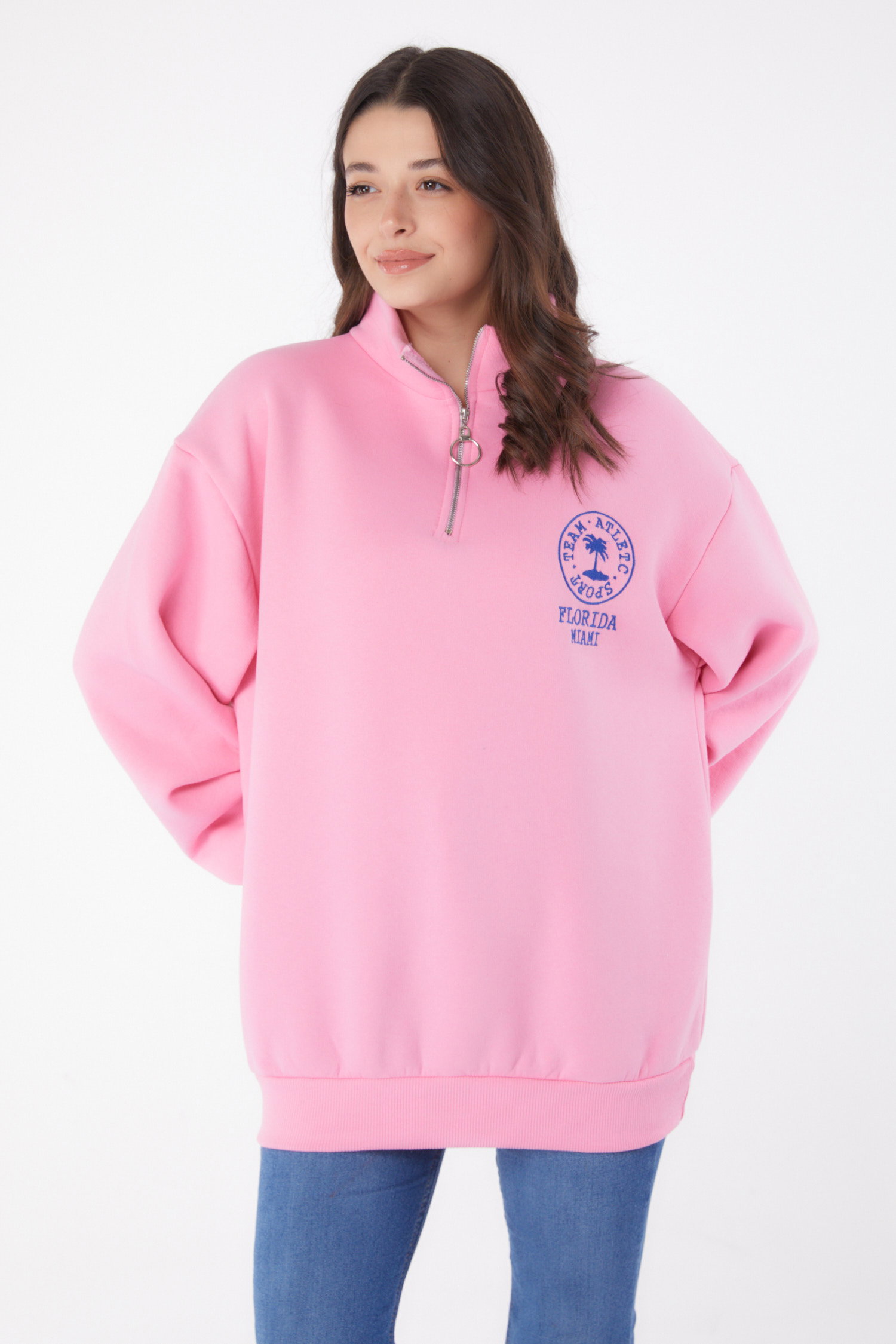 Düz Yarım Balıkçı Yaka Kadın Pembe Nakışlı Sweatshirt - 26050 - 2
