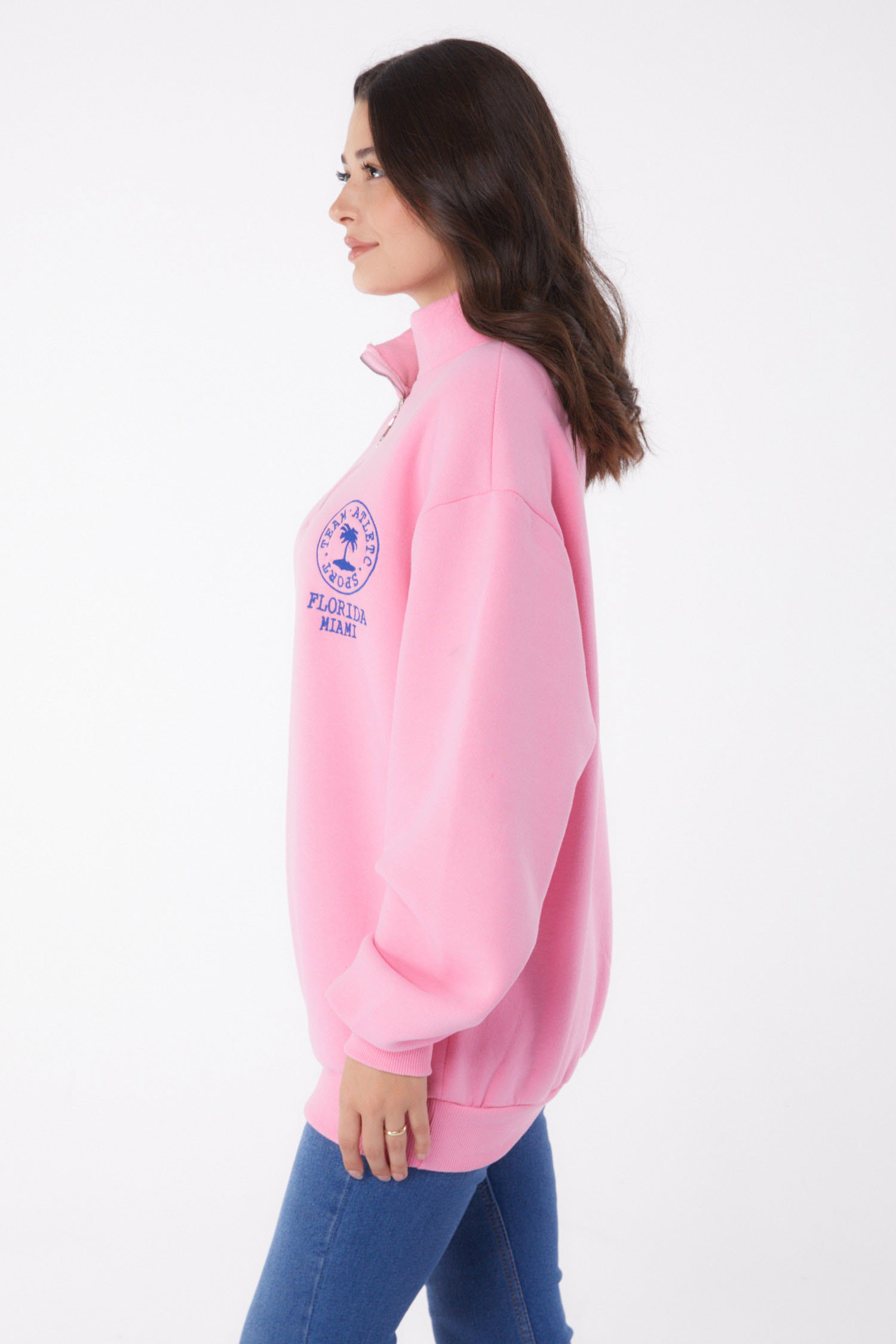 Düz Yarım Balıkçı Yaka Kadın Pembe Nakışlı Sweatshirt - 26050 - 3