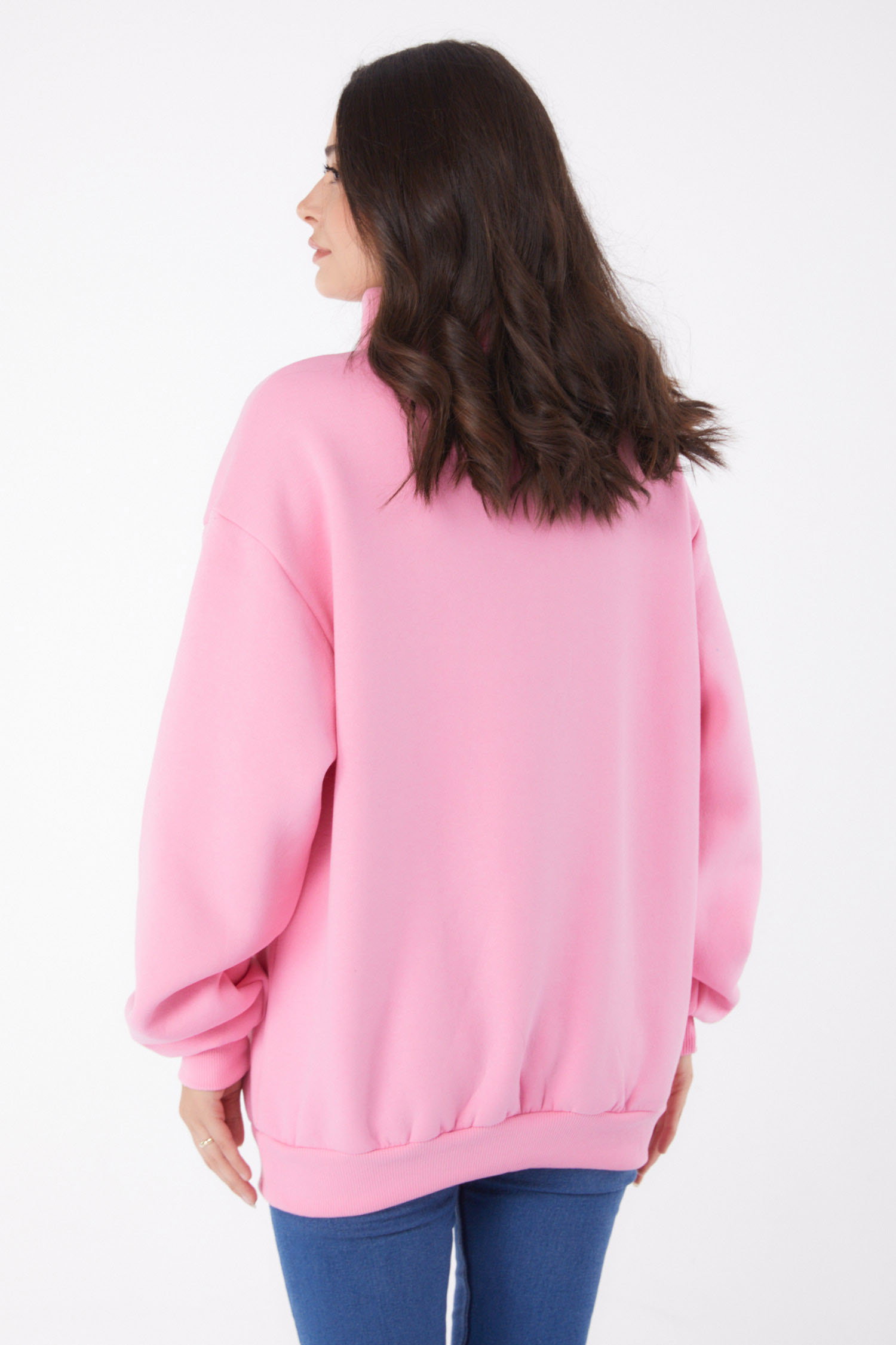 Düz Yarım Balıkçı Yaka Kadın Pembe Nakışlı Sweatshirt - 26050 - 4