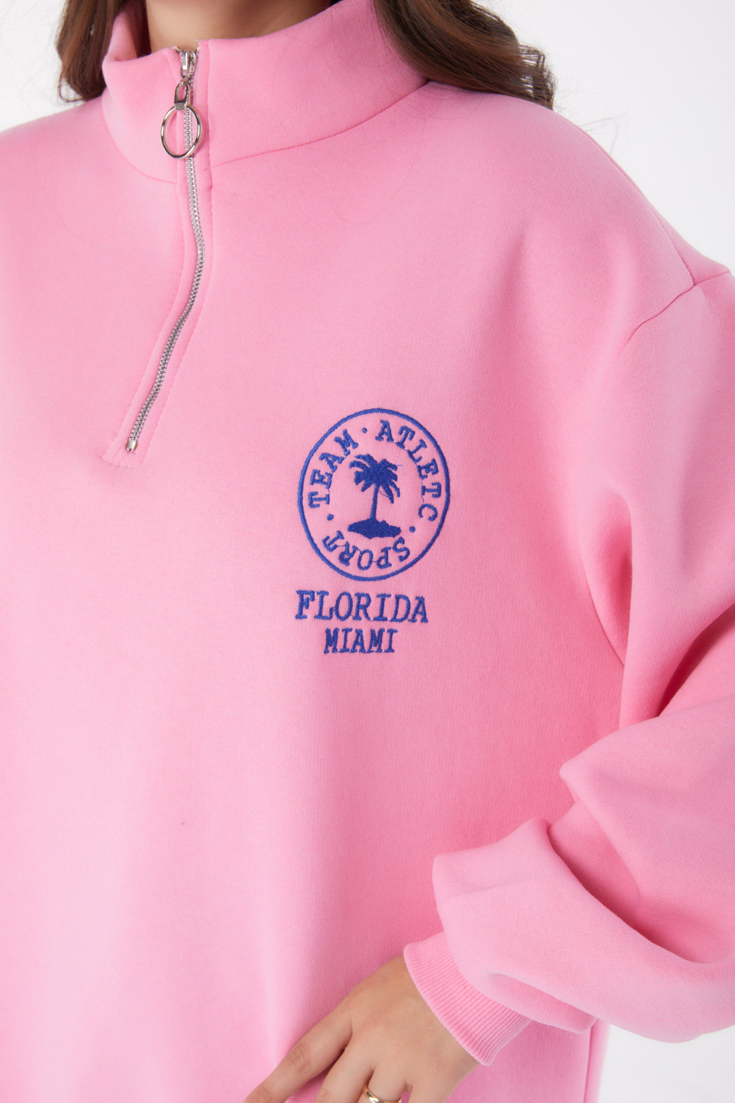 Düz Yarım Balıkçı Yaka Kadın Pembe Nakışlı Sweatshirt - 26050 - 5