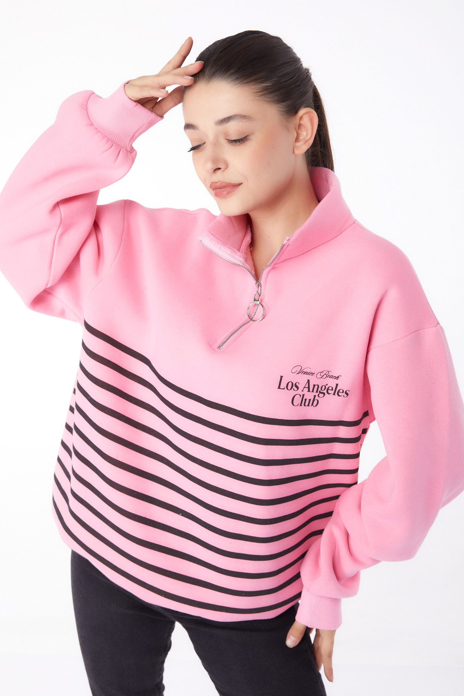 Düz Yarım Balıkçı Yaka Kadın Pembe Şeritli Sweatshirt - 26185 - 1