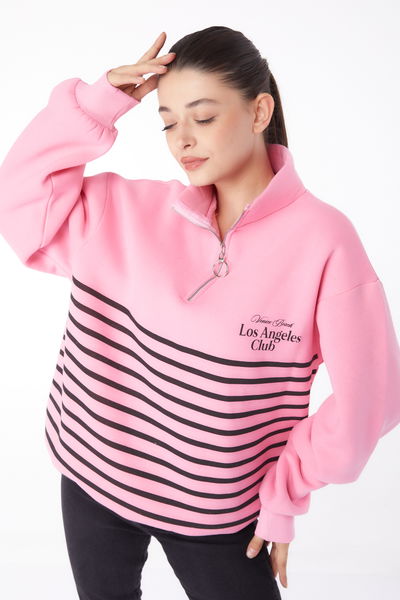 Düz Yarım Balıkçı Yaka Kadın Pembe Şeritli Sweatshirt - 26185 