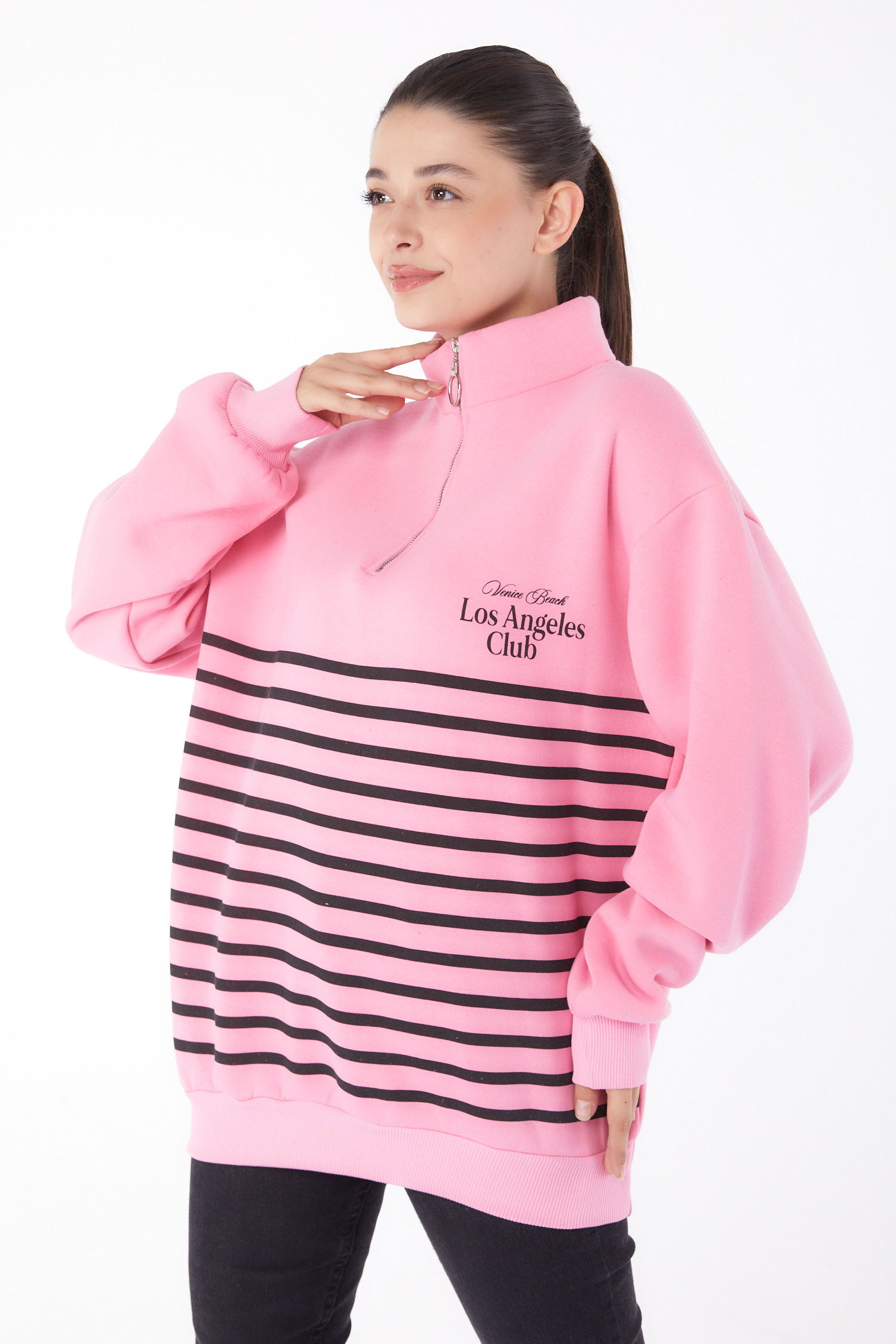 Düz Yarım Balıkçı Yaka Kadın Pembe Şeritli Sweatshirt - 26185 - 2