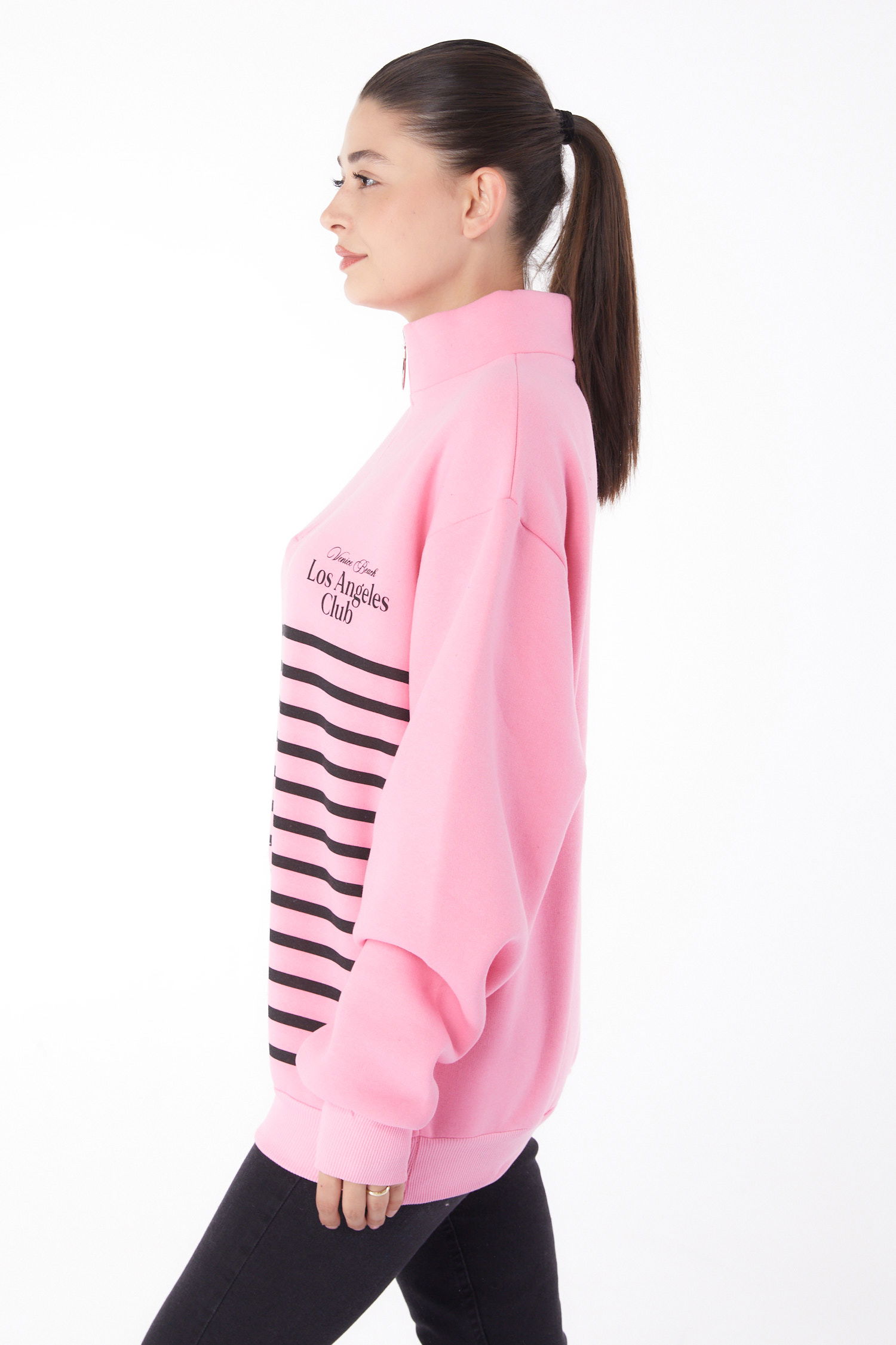 Düz Yarım Balıkçı Yaka Kadın Pembe Şeritli Sweatshirt - 26185 - 3