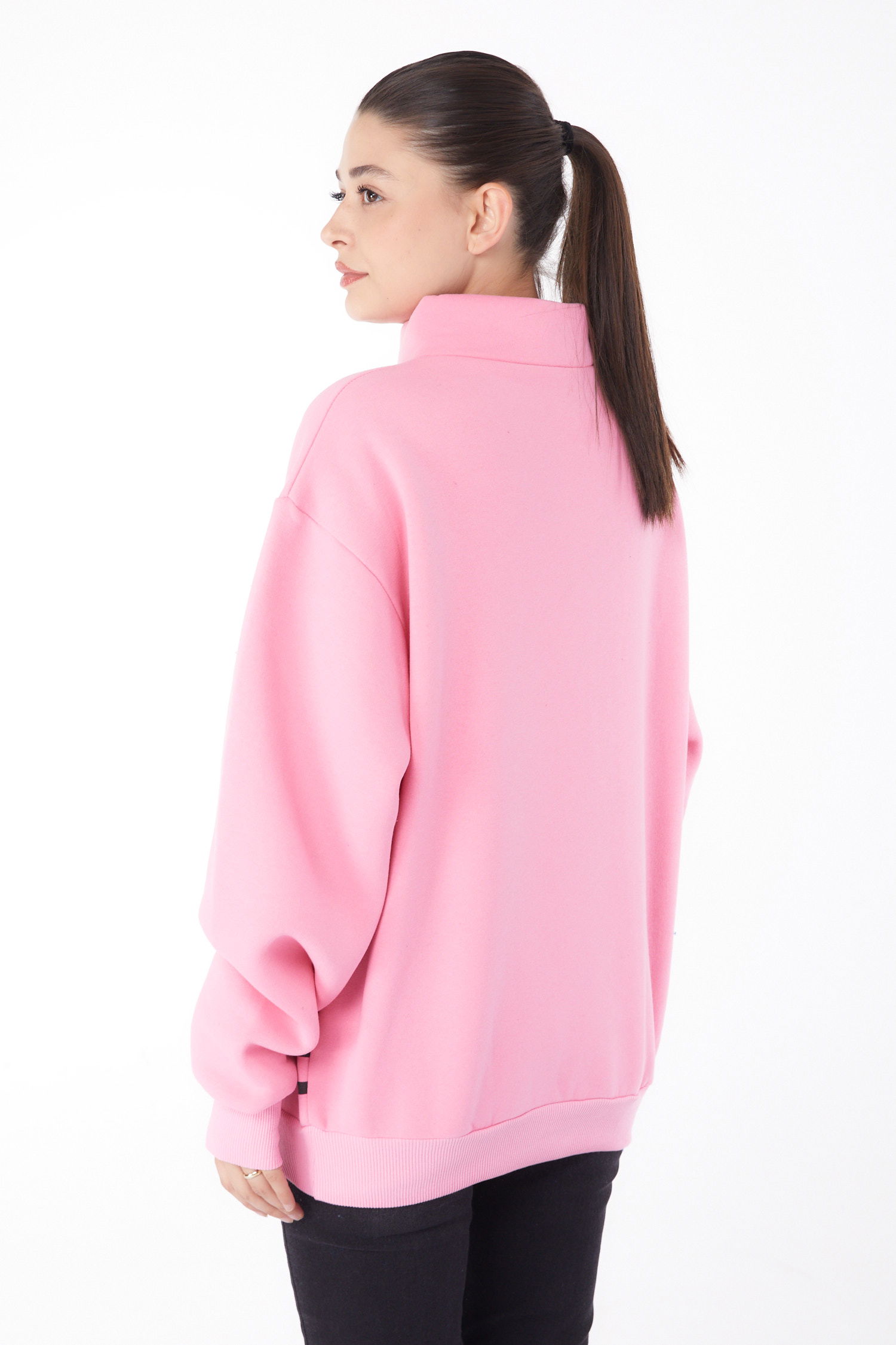 Düz Yarım Balıkçı Yaka Kadın Pembe Şeritli Sweatshirt - 26185 - 4