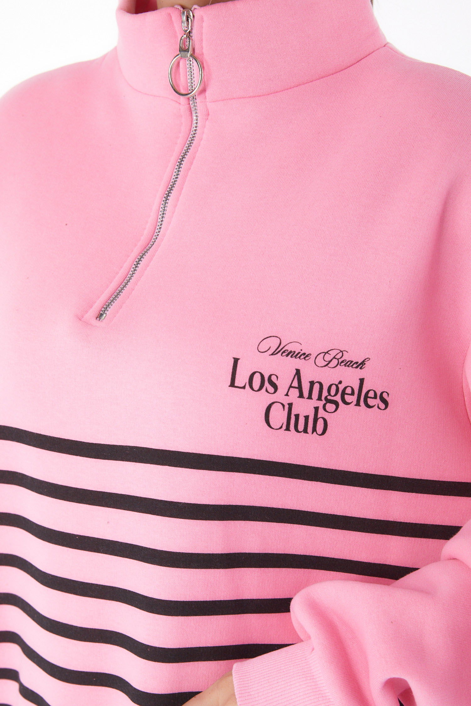 Düz Yarım Balıkçı Yaka Kadın Pembe Şeritli Sweatshirt - 26185 - 5