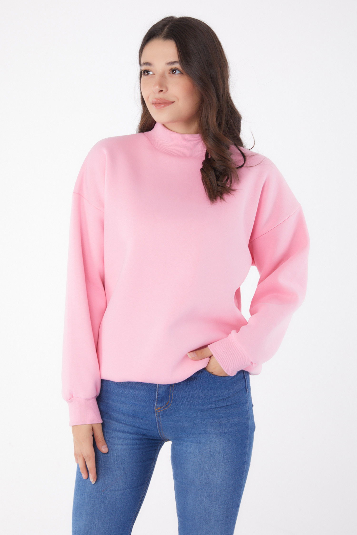 Düz Yarım Balıkçı Yaka Kadın Pembe Sweatshirt - 26047 - 1