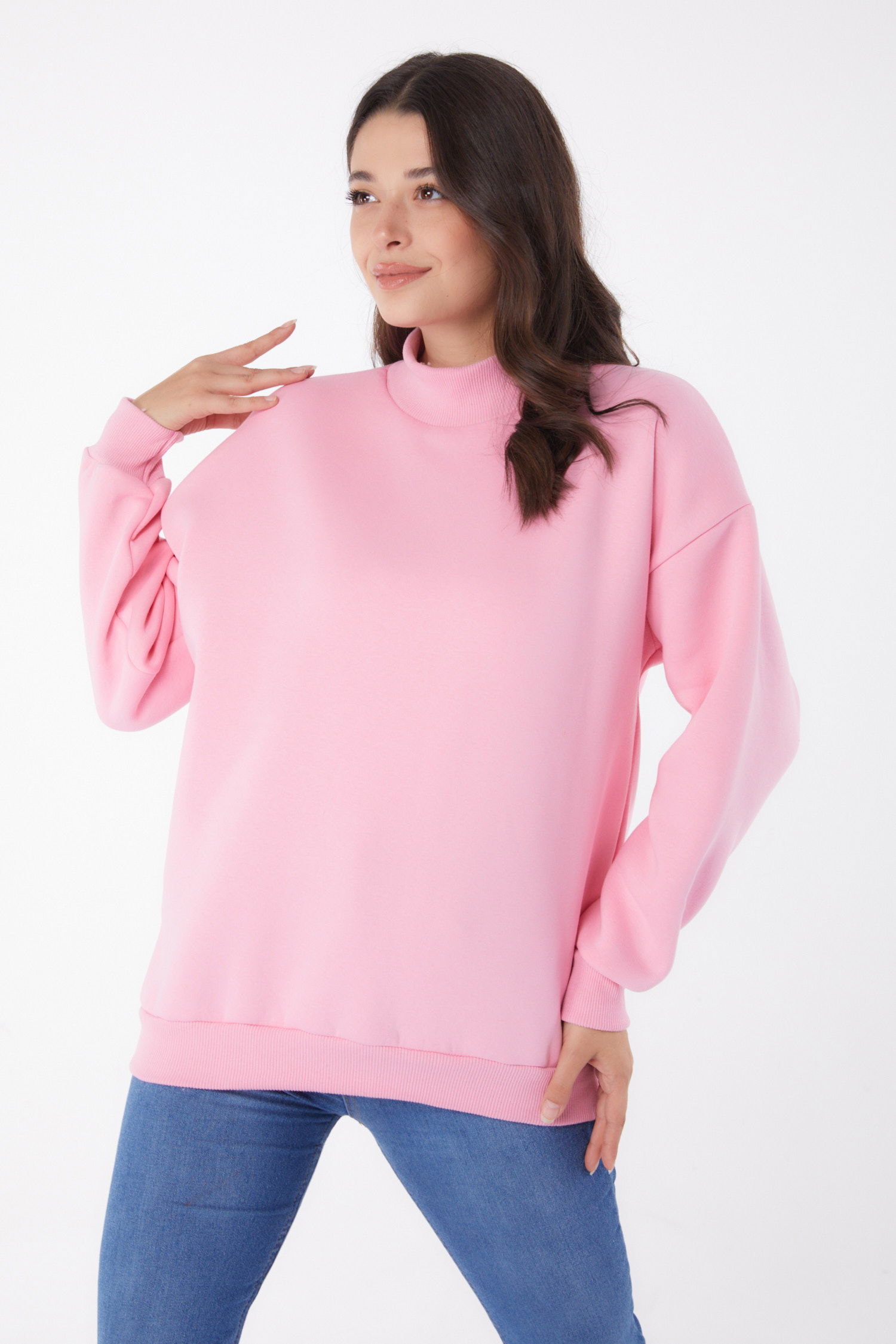 Düz Yarım Balıkçı Yaka Kadın Pembe Sweatshirt - 26047 - 3
