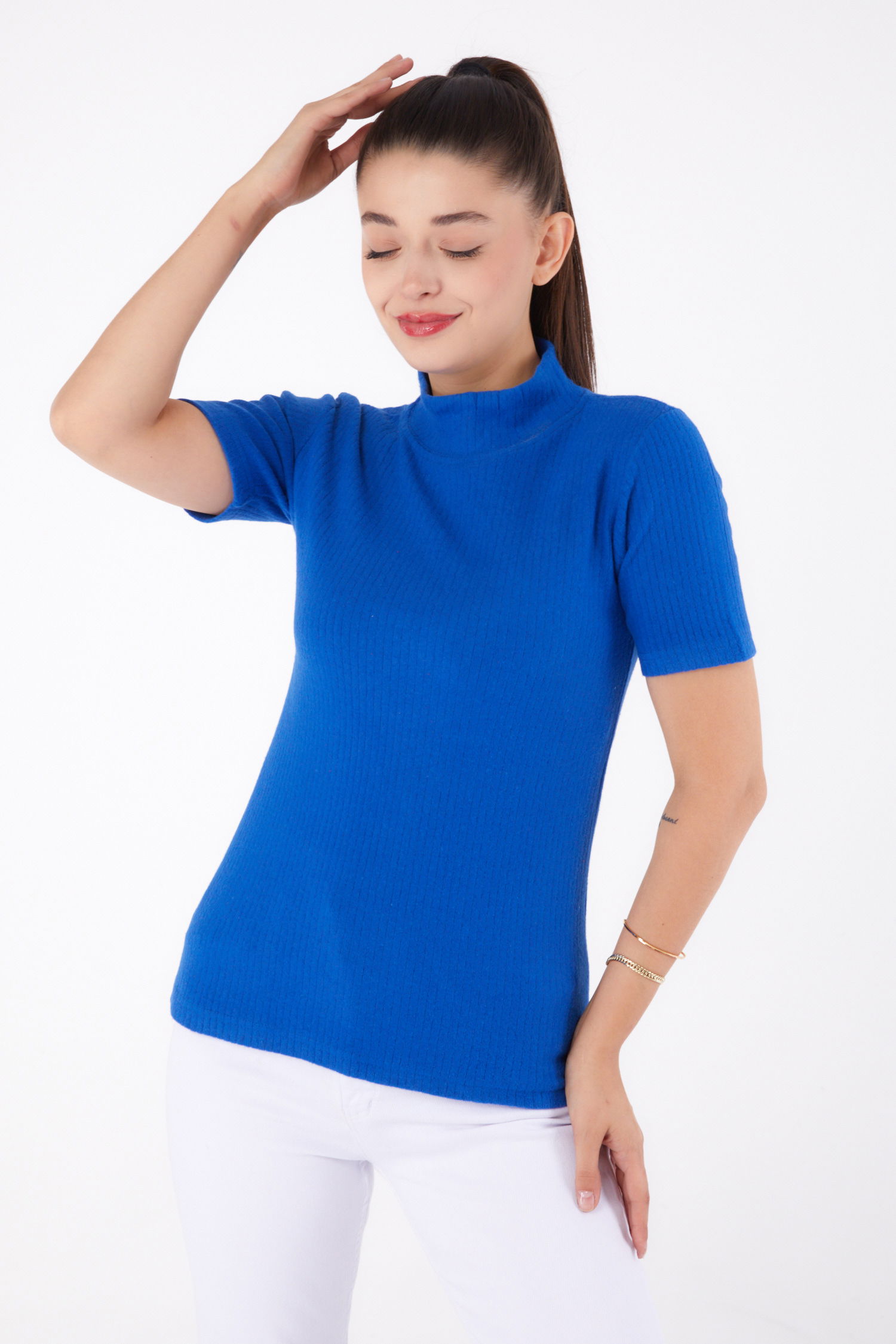 Kısa Kollu Bluz Saks - 26315 - 3