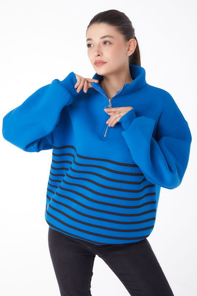 Düz Yarım Balıkçı Yaka Kadın Saks Şeritli Sweatshirt - 26185 