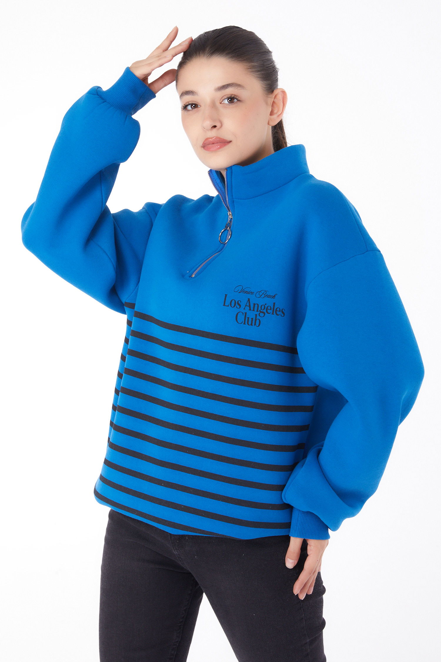 Düz Yarım Balıkçı Yaka Kadın Saks Şeritli Sweatshirt - 26185 - 2