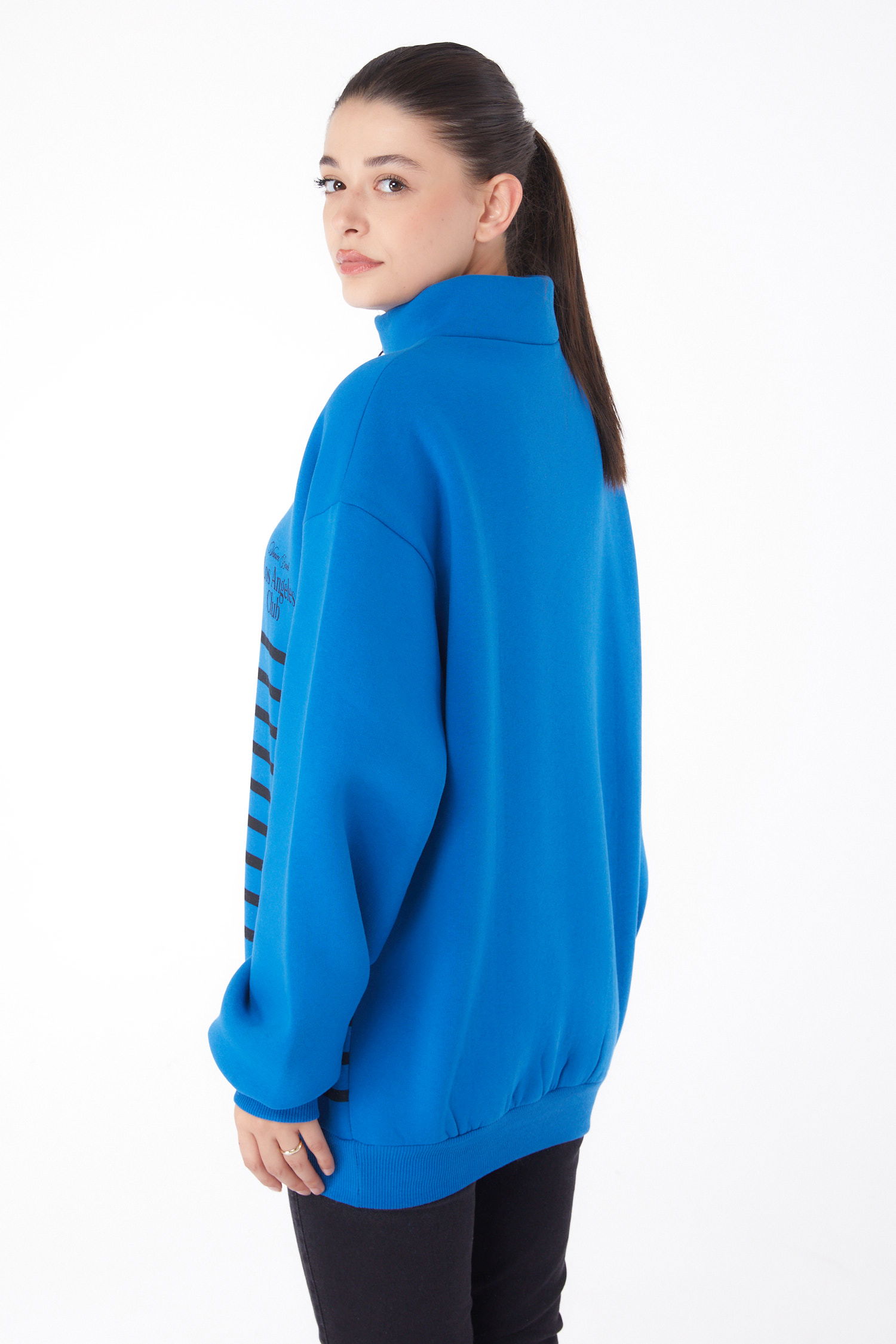 Düz Yarım Balıkçı Yaka Kadın Saks Şeritli Sweatshirt - 26185 - 4