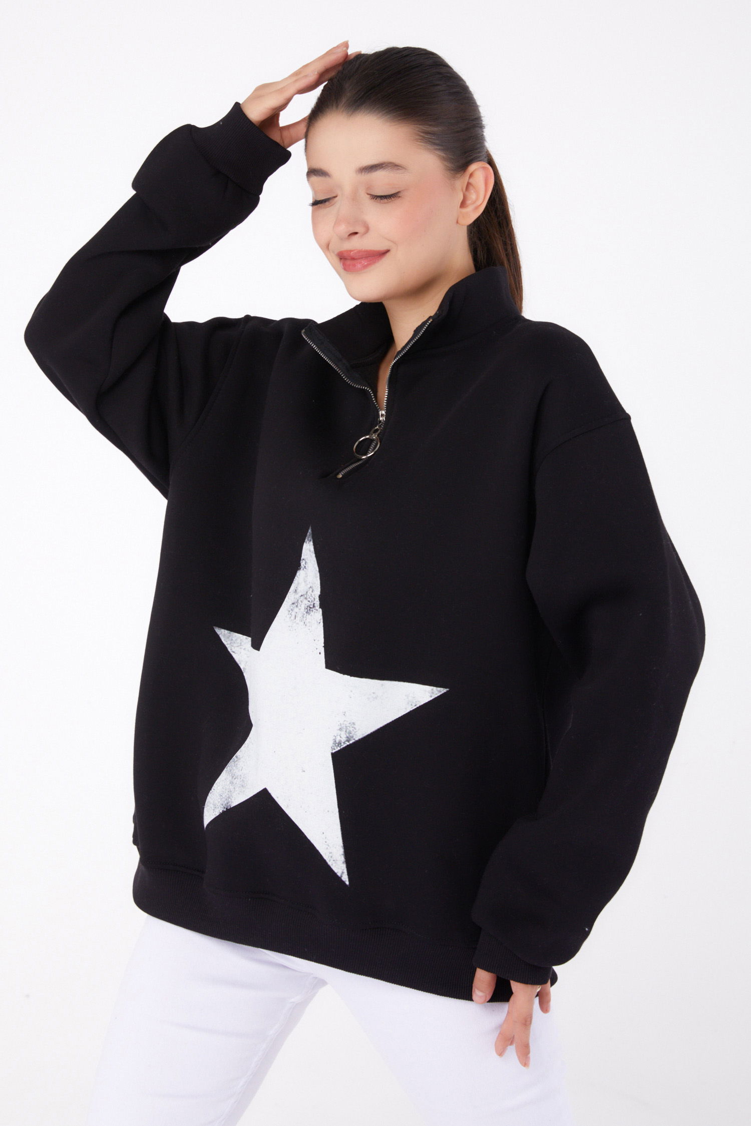 Düz Yarım Balıkçı Yaka Kadın Siyah Fermuarlı Baskılı Sweatshirt - 26385 - 1