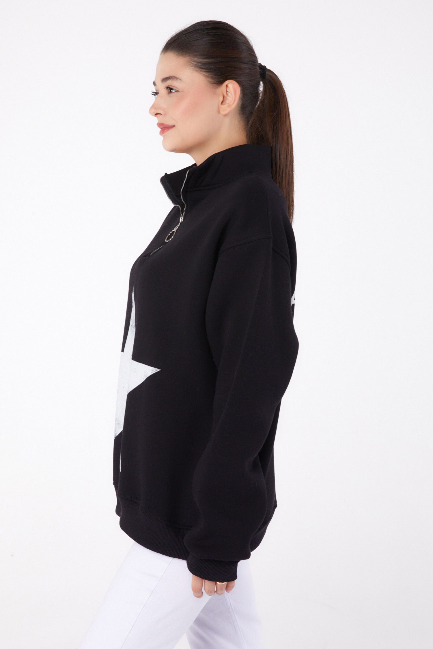 Düz Yarım Balıkçı Yaka Kadın Siyah Fermuarlı Baskılı Sweatshirt - 26385 - 4