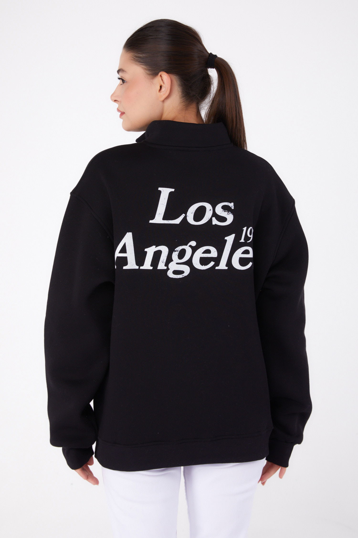 Düz Yarım Balıkçı Yaka Kadın Siyah Fermuarlı Baskılı Sweatshirt - 26385 - 5